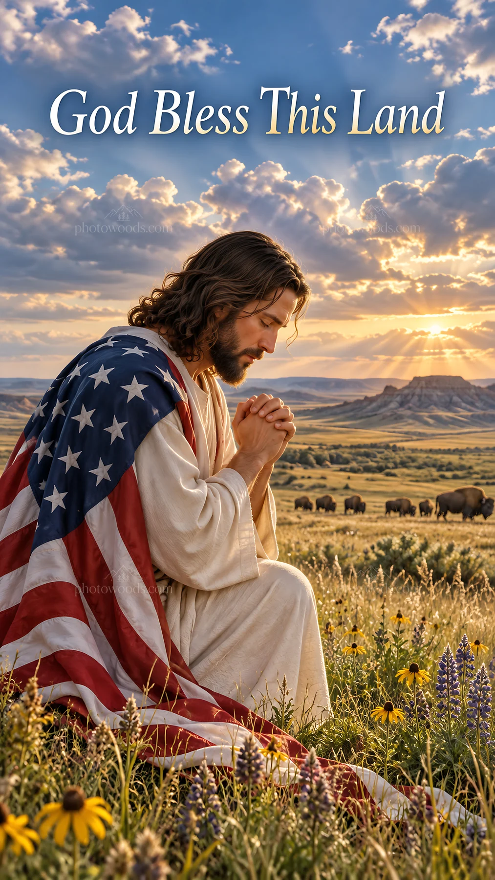 Jesus Christ praying in a field with American flag - AI-generated stock image