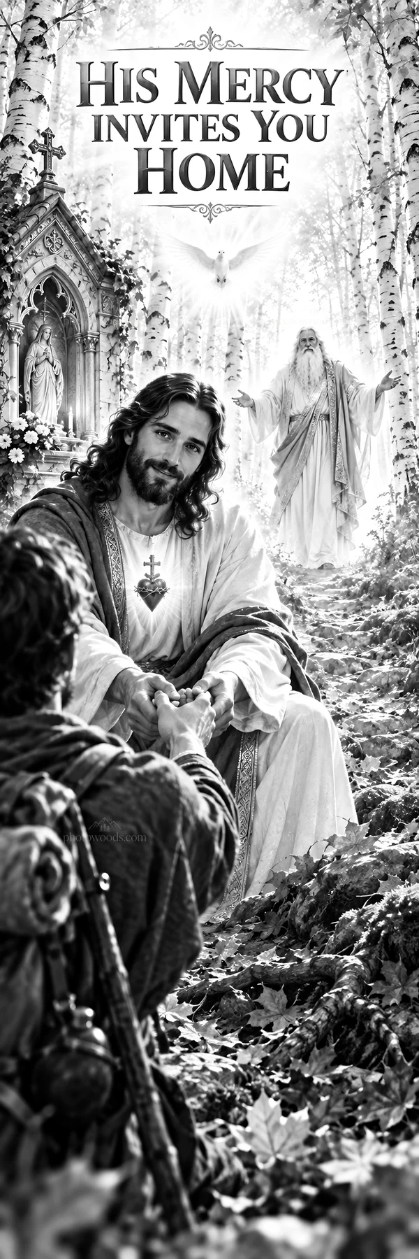 Jesus Christ inviting a soul to find mercy and comfort - AI-generated stock image