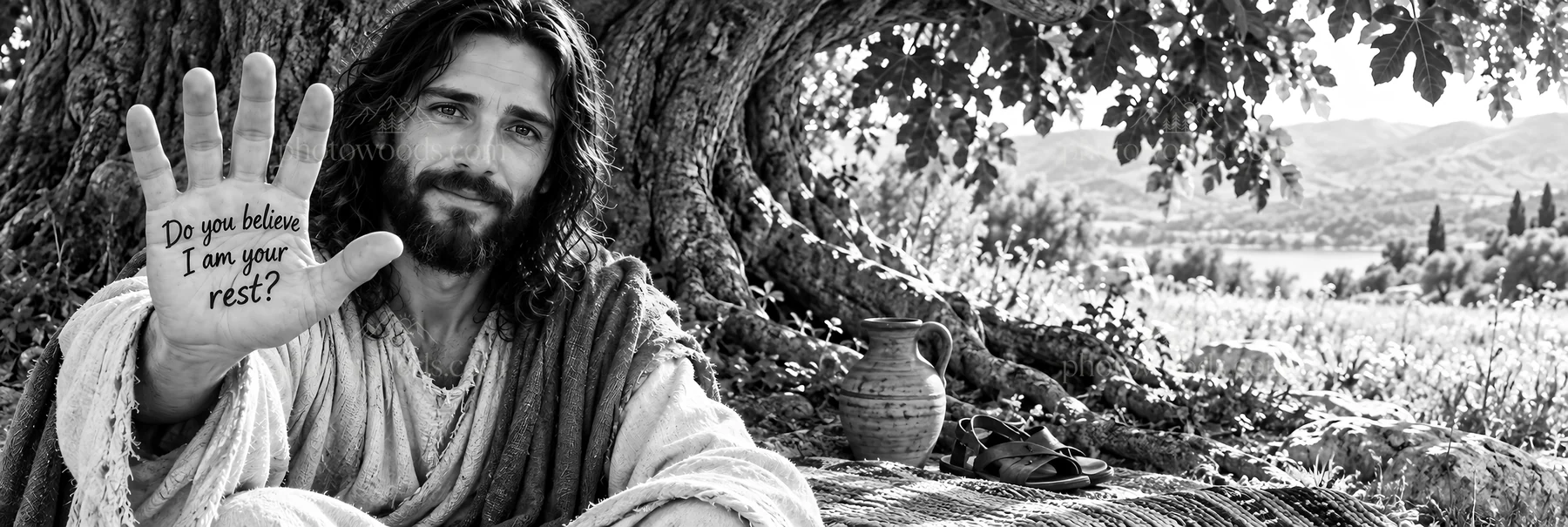 Jesus Christ offers comfort and invites trust in a natural setting - AI-generated stock image
