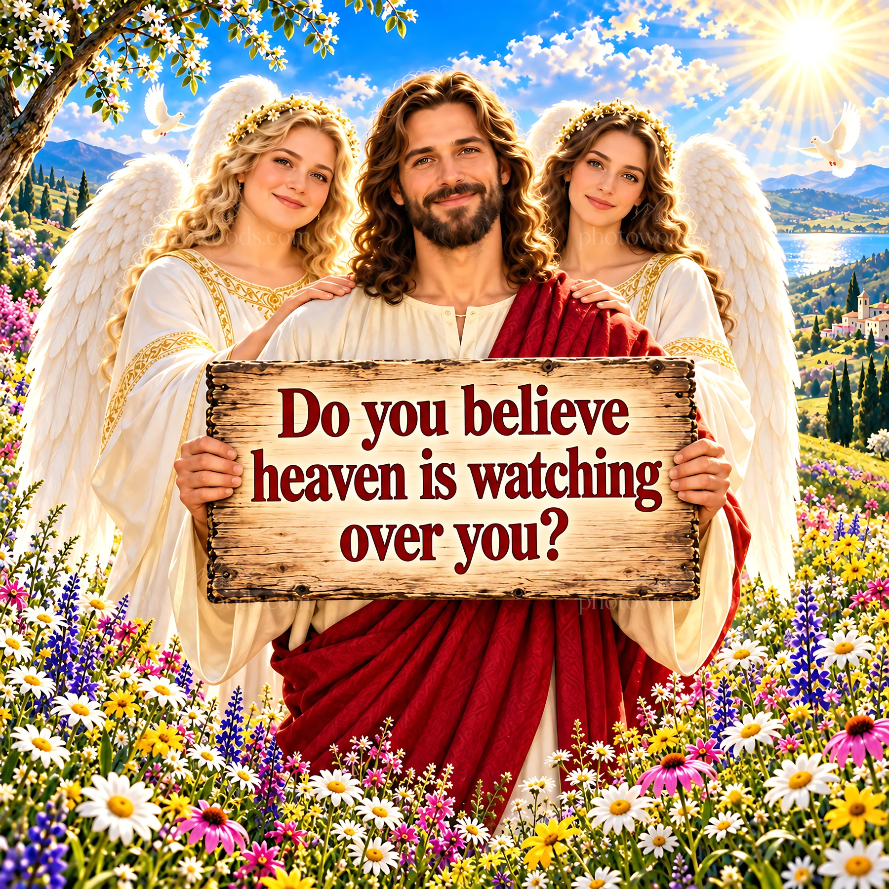 Jesus Christ holding a sign with a question about heaven - AI-generated stock image