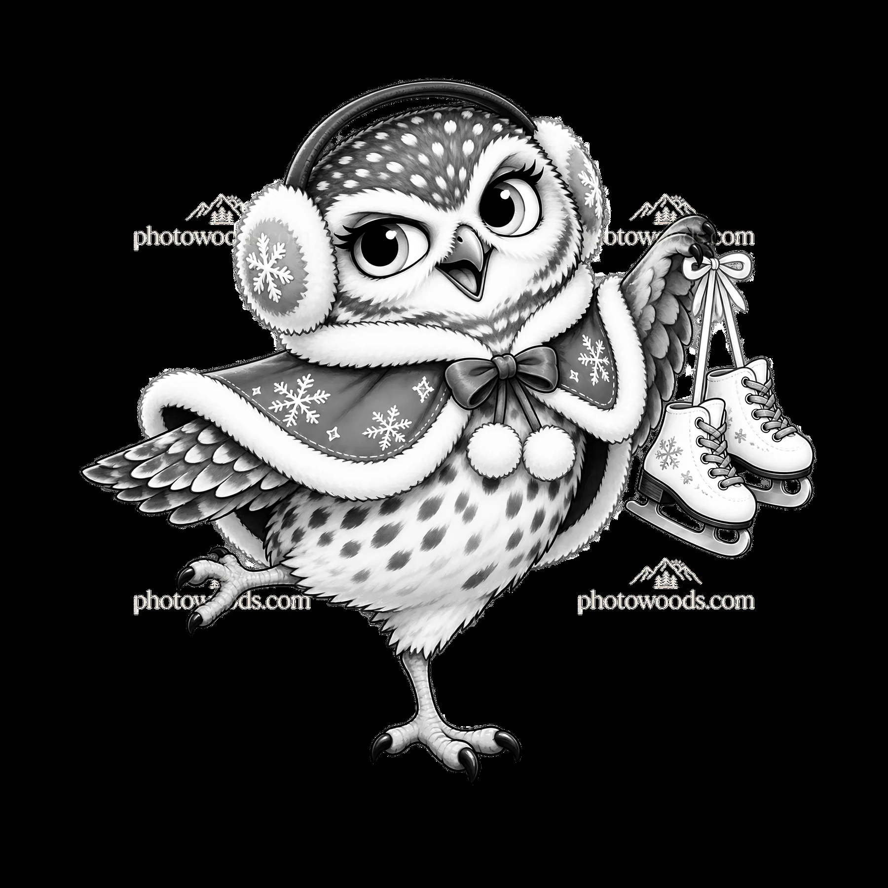 Christmas owl in winter outfit with ice skates - AI-generated stock image