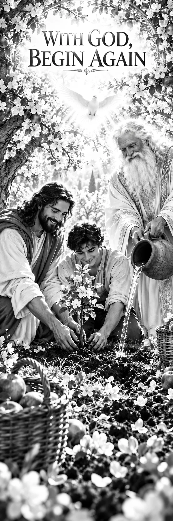 Jesus Christ planting a tree with a young man - AI-generated stock image