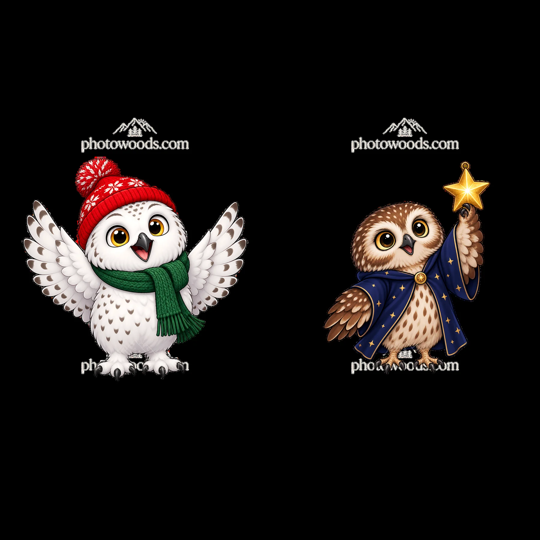 Cute Christmas owls with hats and star for holiday themes - AI-generated stock image