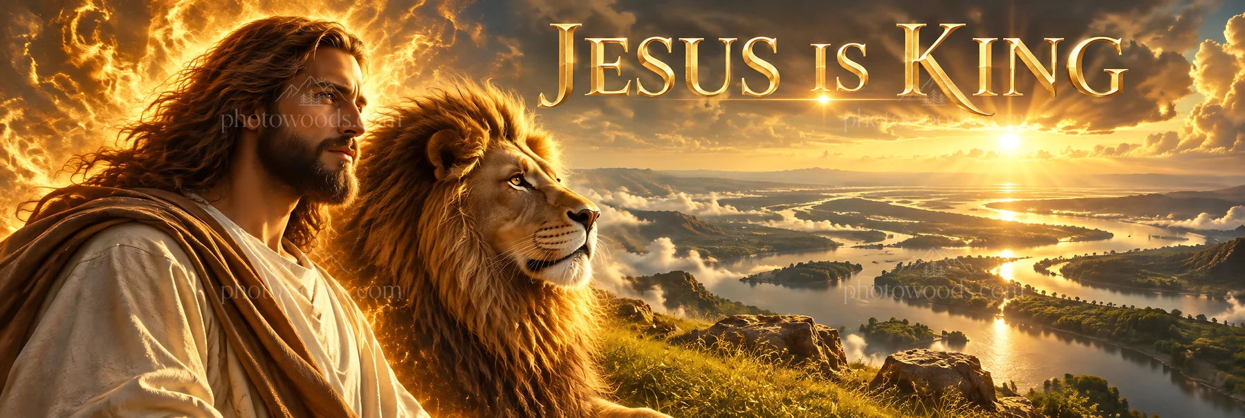 Jesus Christ with lion overlooking a sunset landscape - AI-generated stock image