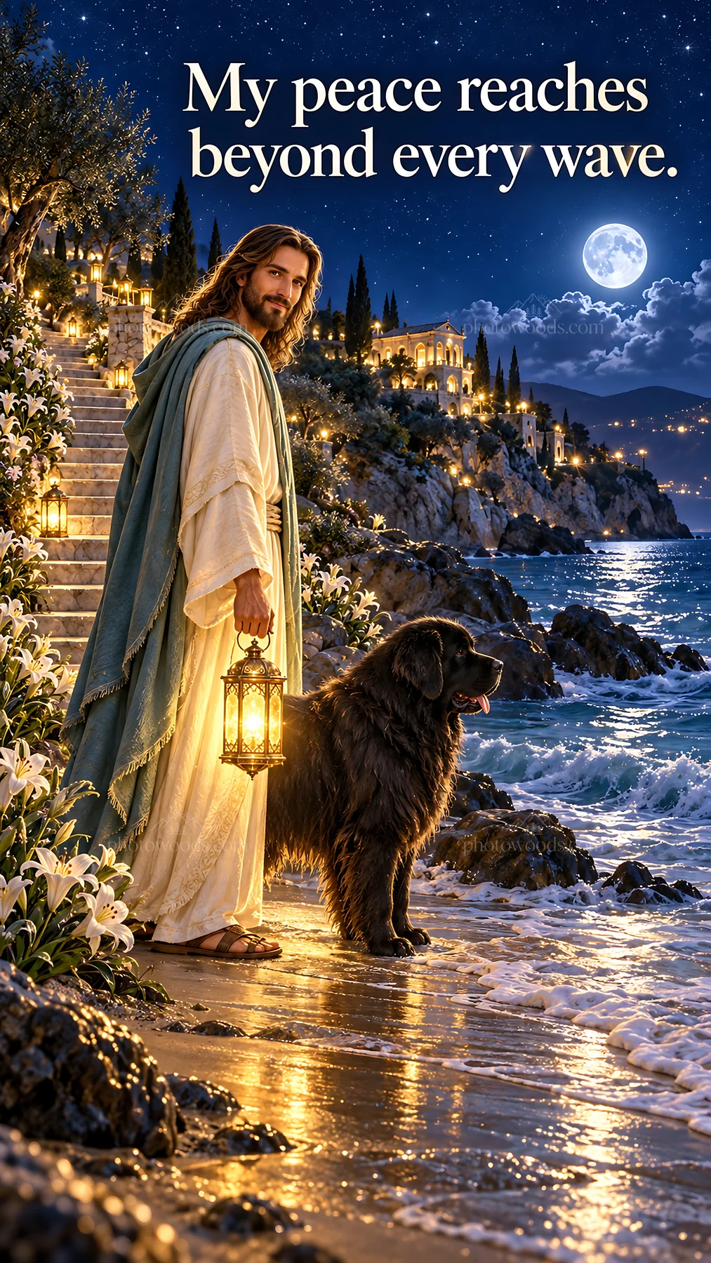 Jesus Christ walking by the shore with a lantern and a dog - AI-generated stock image