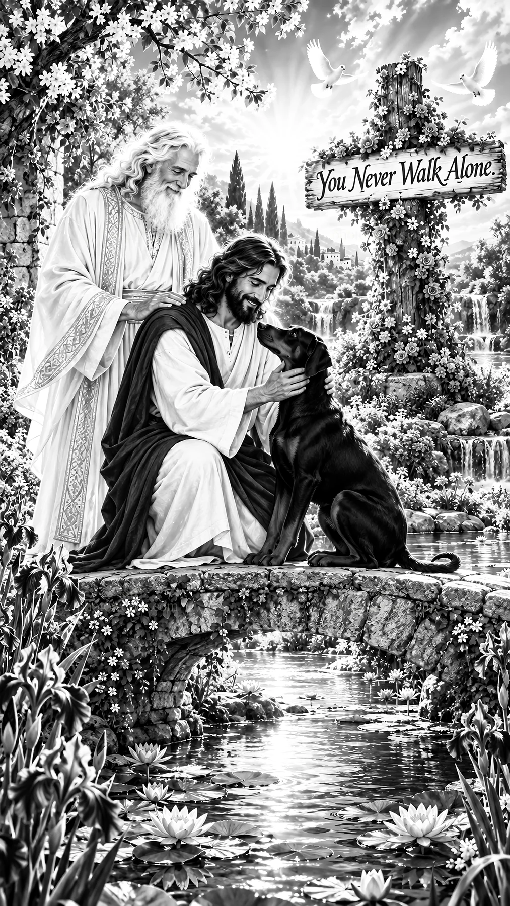 Jesus Christ comforting a dog by a serene waterfall - AI-generated stock image