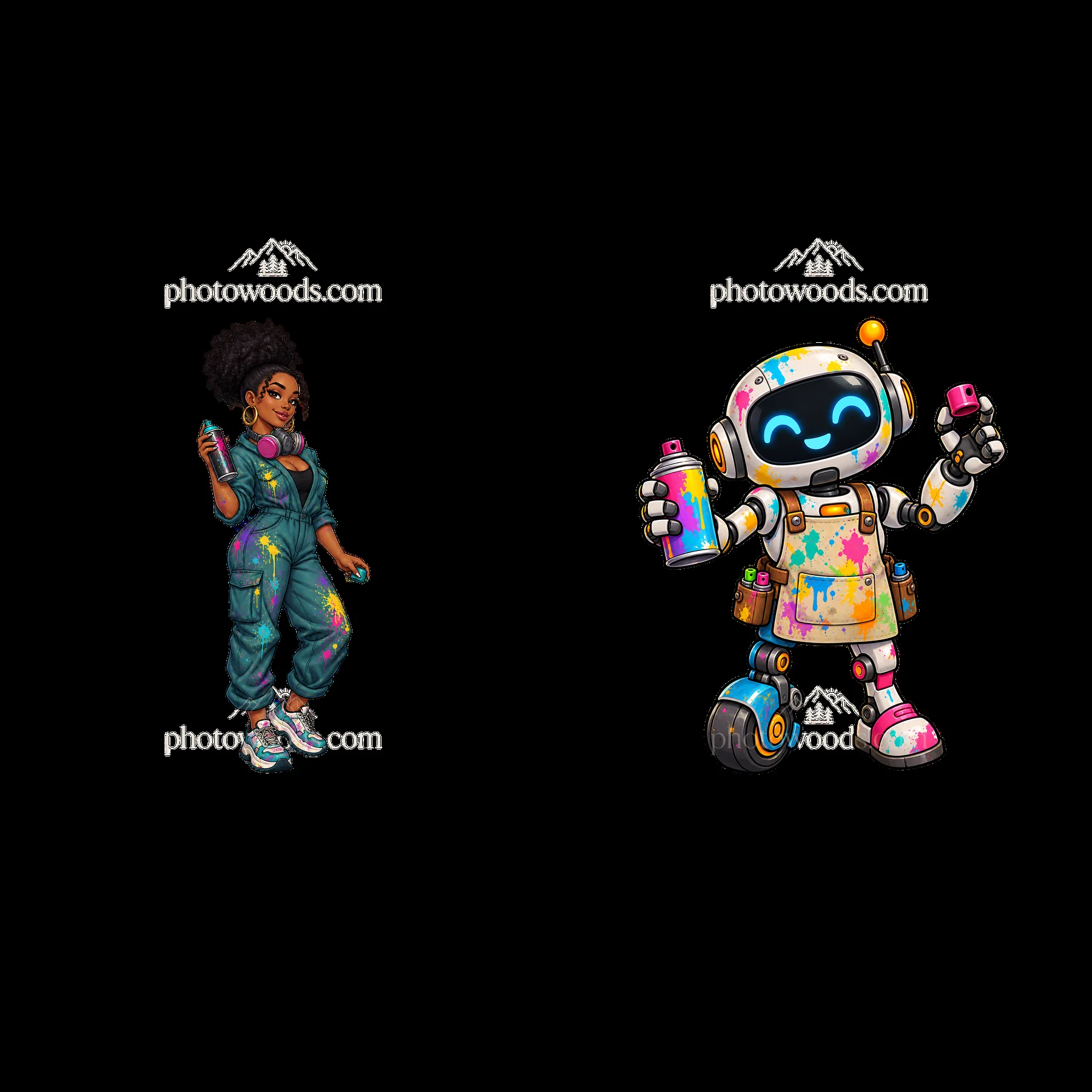 Graffiti sprayer girl and robot character with spray paint bottles - AI-generated stock image