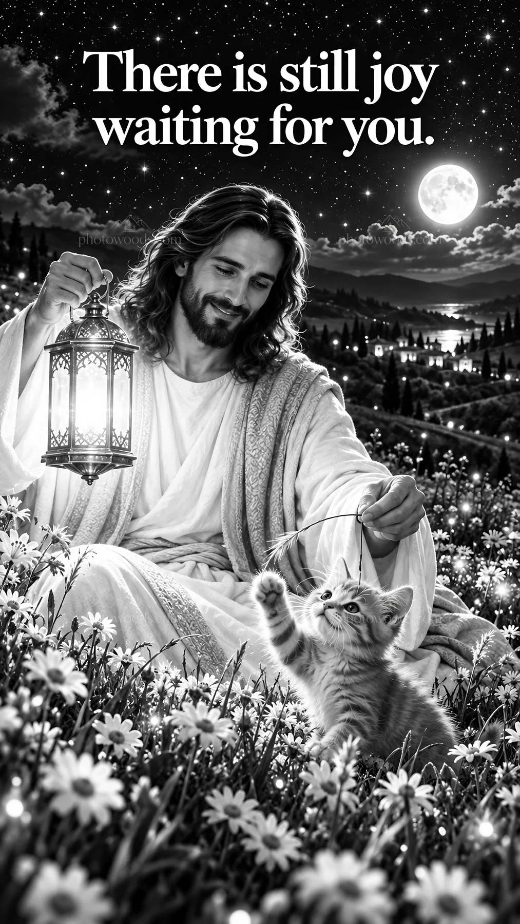 Jesus Christ sitting in a field with a kitten - AI-generated stock image