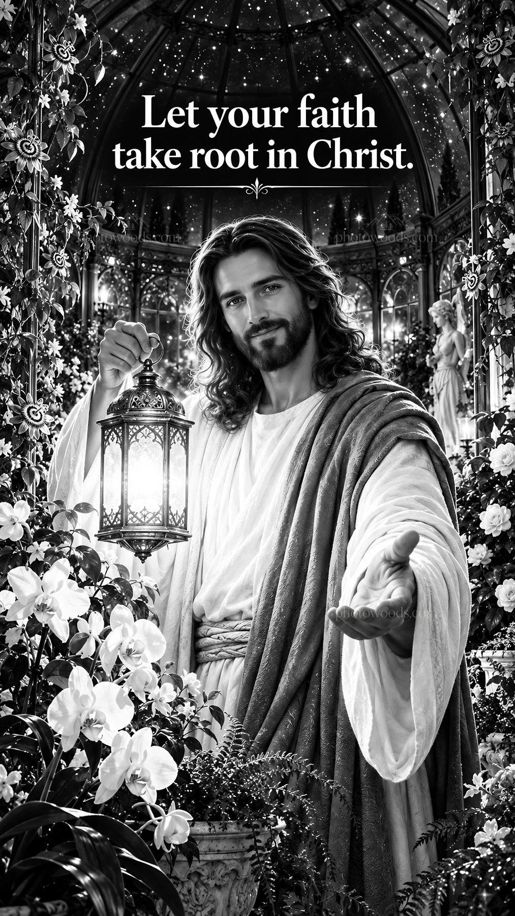 Jesus Christ inviting faith in a garden setting - AI-generated stock image