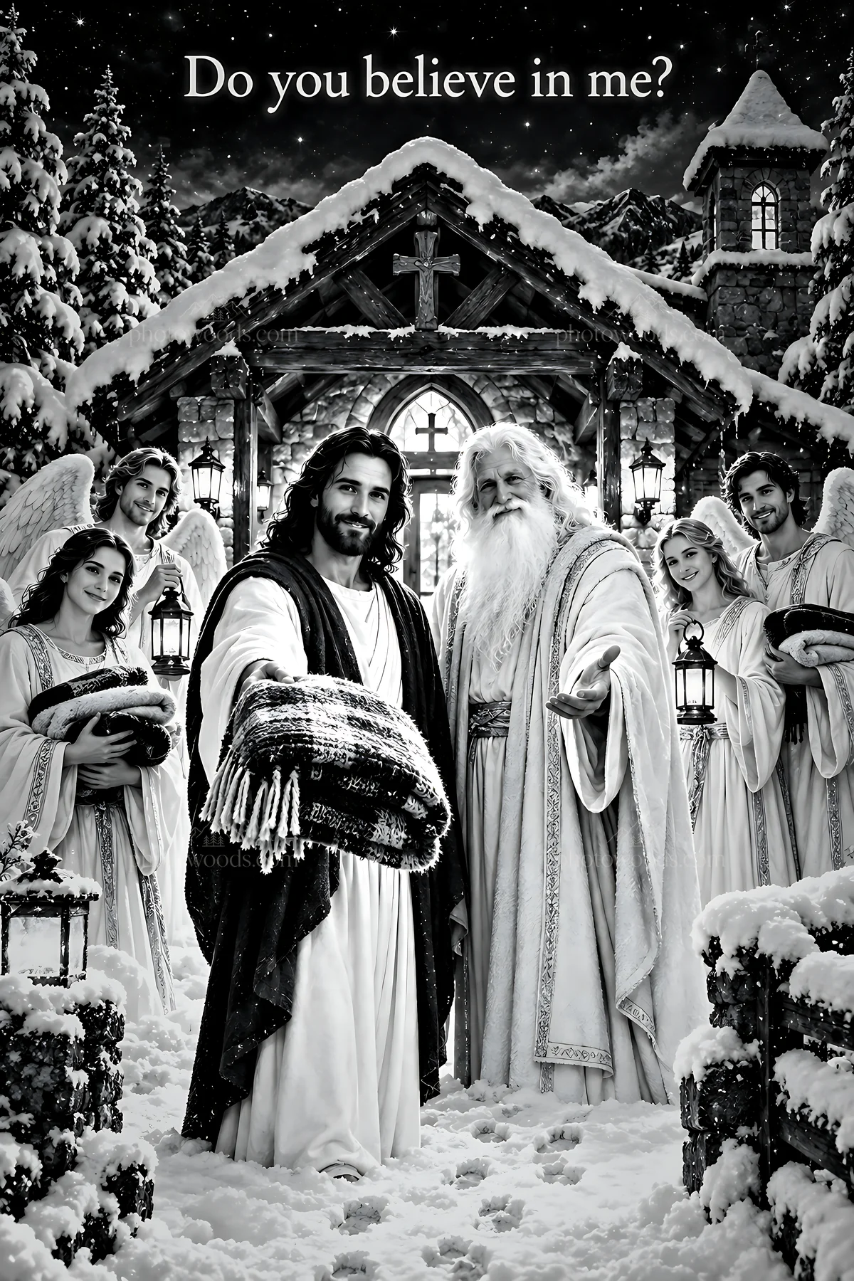 Snowbound chapel with figures in winter setting - AI-generated stock image