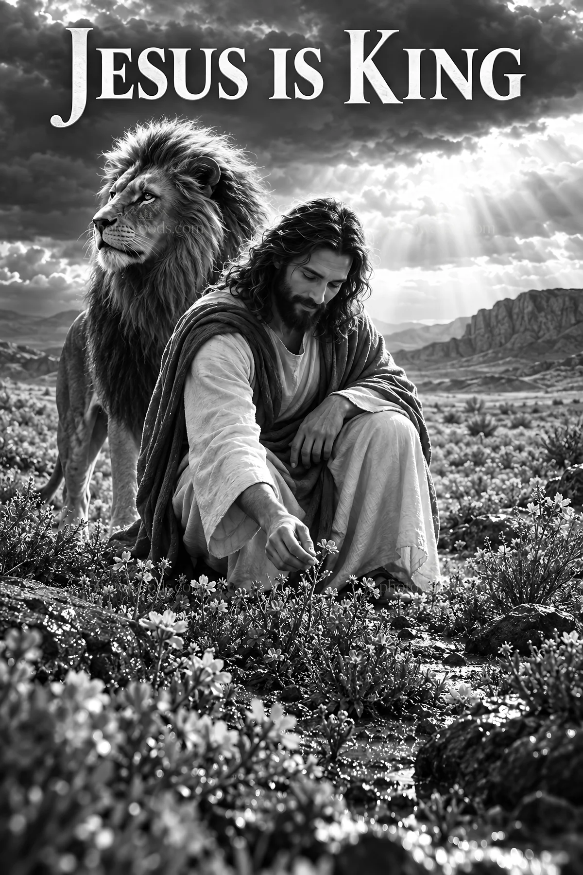 Jesus Christ with lion in nature, showing care for creation - AI-generated stock image