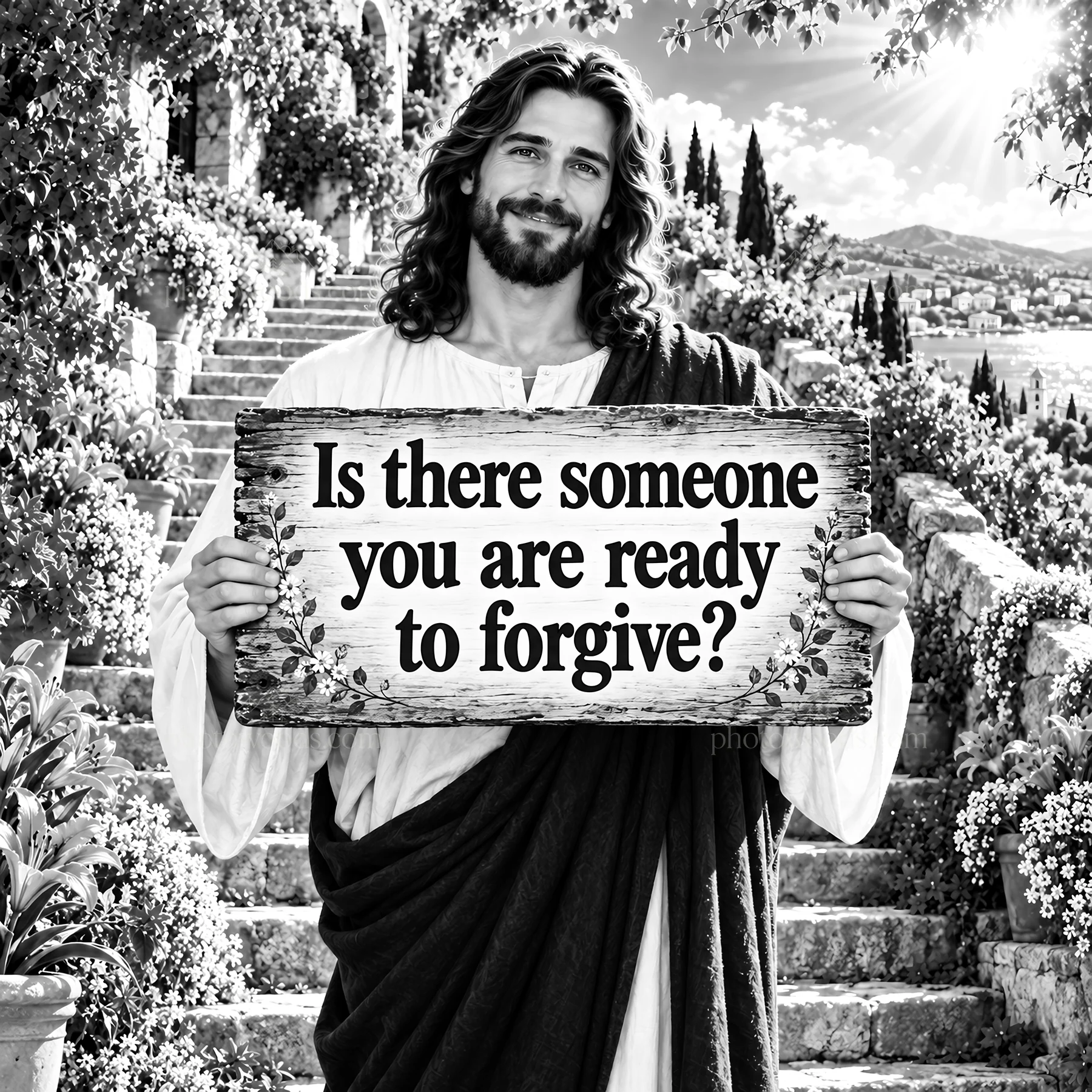 Jesus Christ holds a sign asking about forgiveness - AI-generated stock image