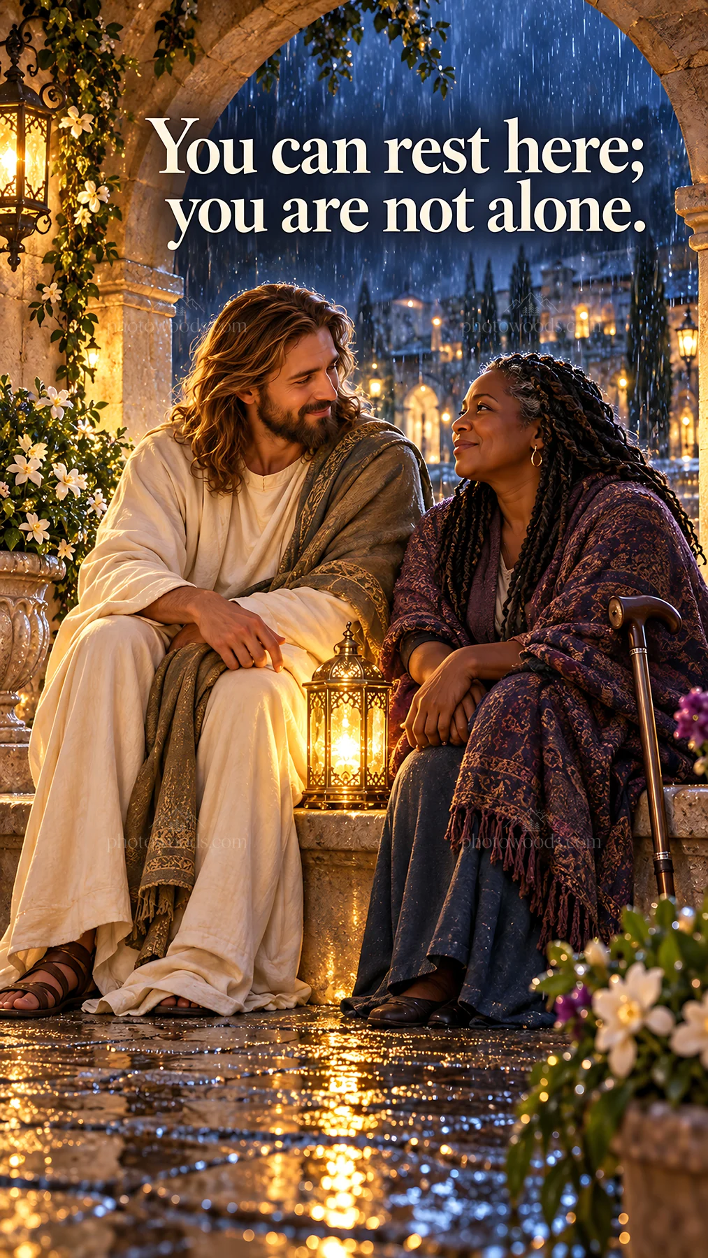 Jesus Christ comforts a woman in a rain-soaked garden setting - AI-generated stock image