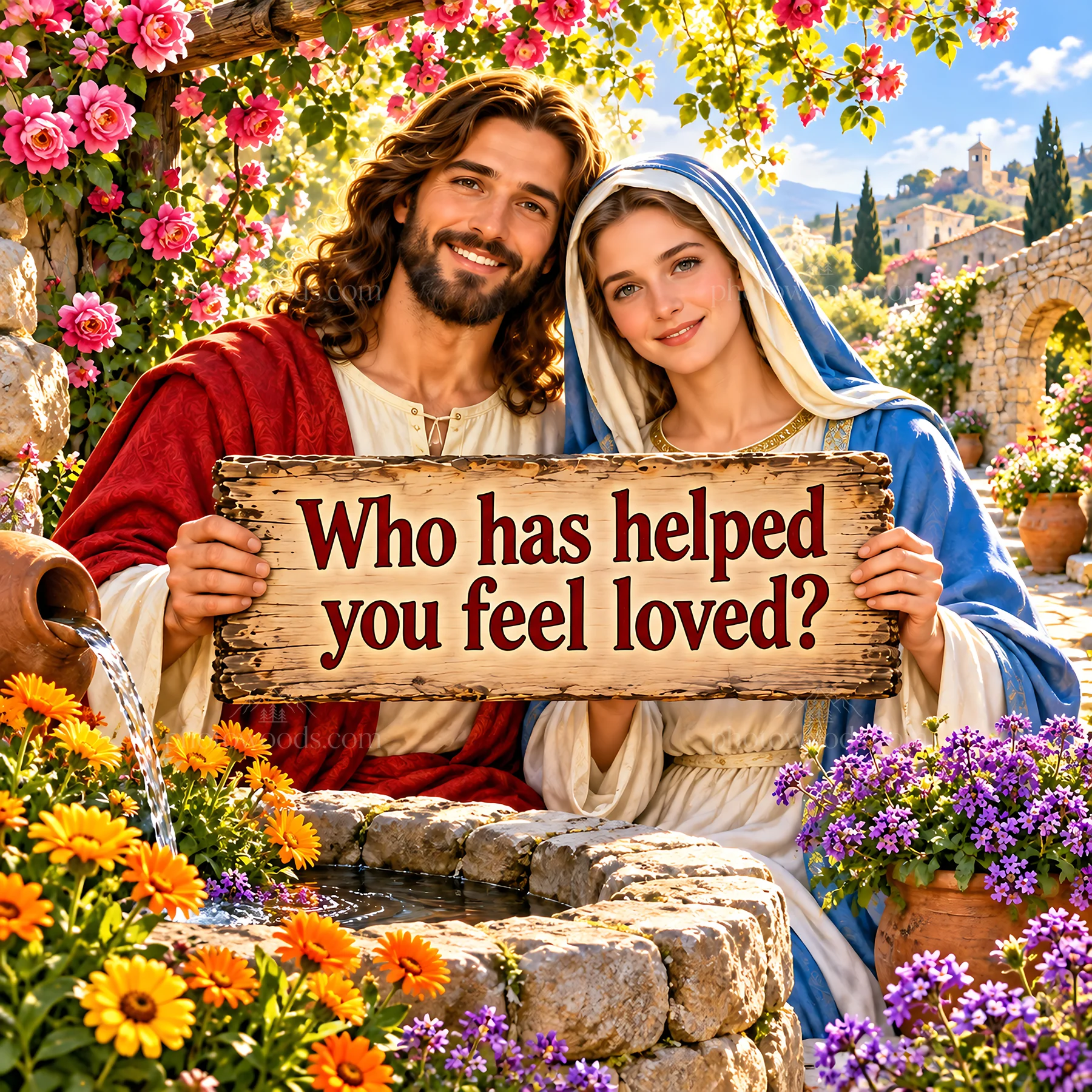 Jesus Christ showing love and support in a garden setting - AI-generated stock image
