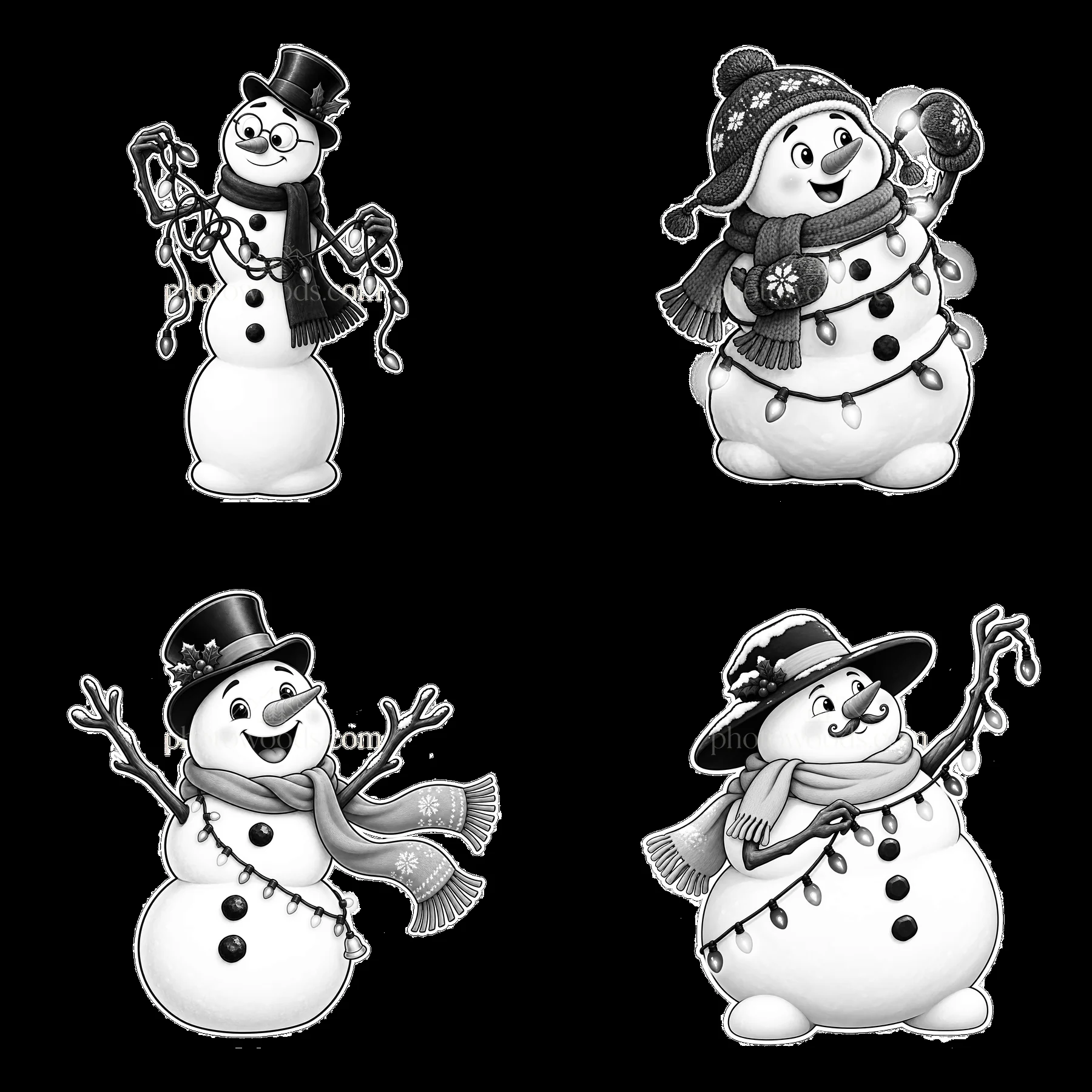 Snowmen with string lights in a 2x2 arrangement - AI-generated stock image