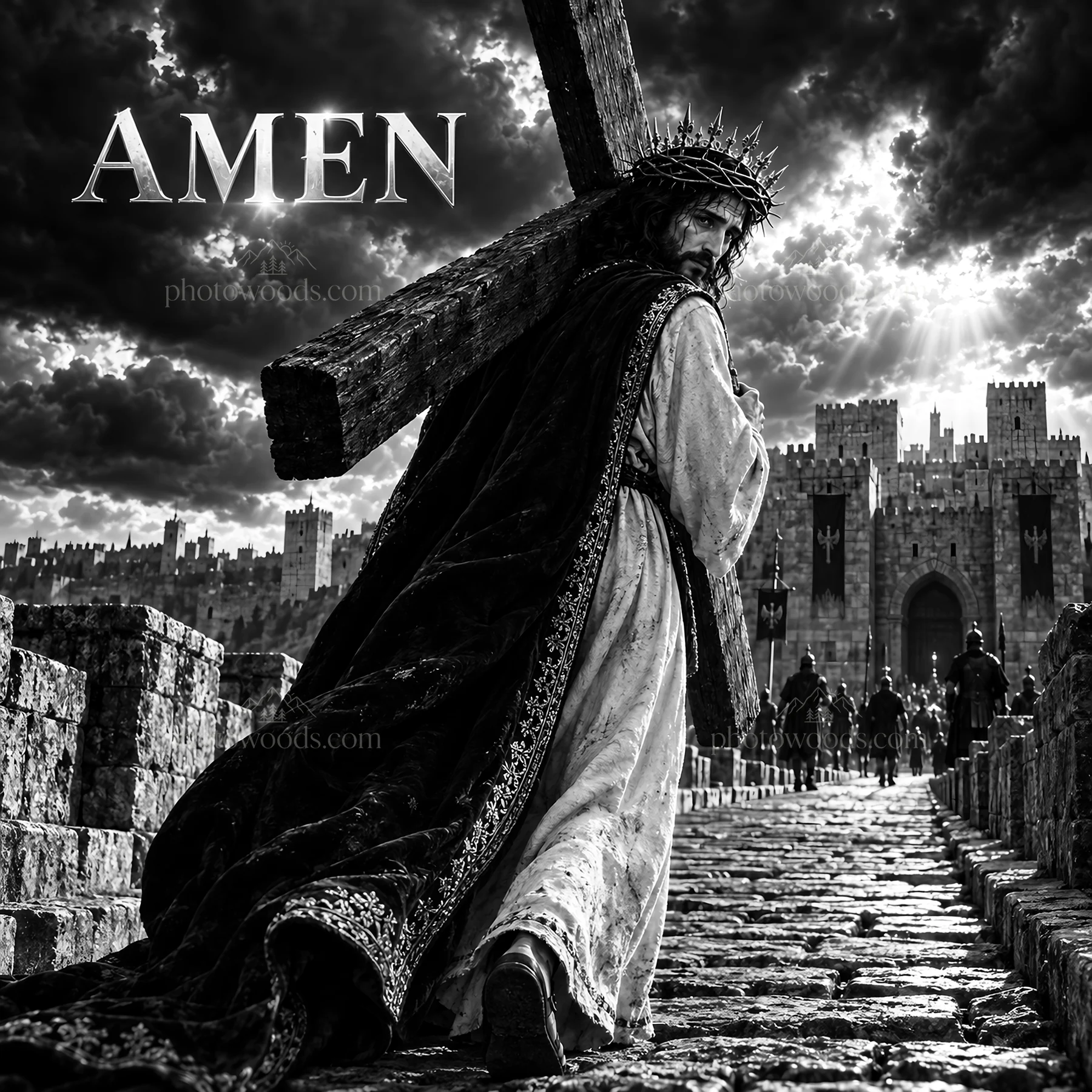 Jesus Christ carrying the cross on the path to crucifixion - AI-generated stock image