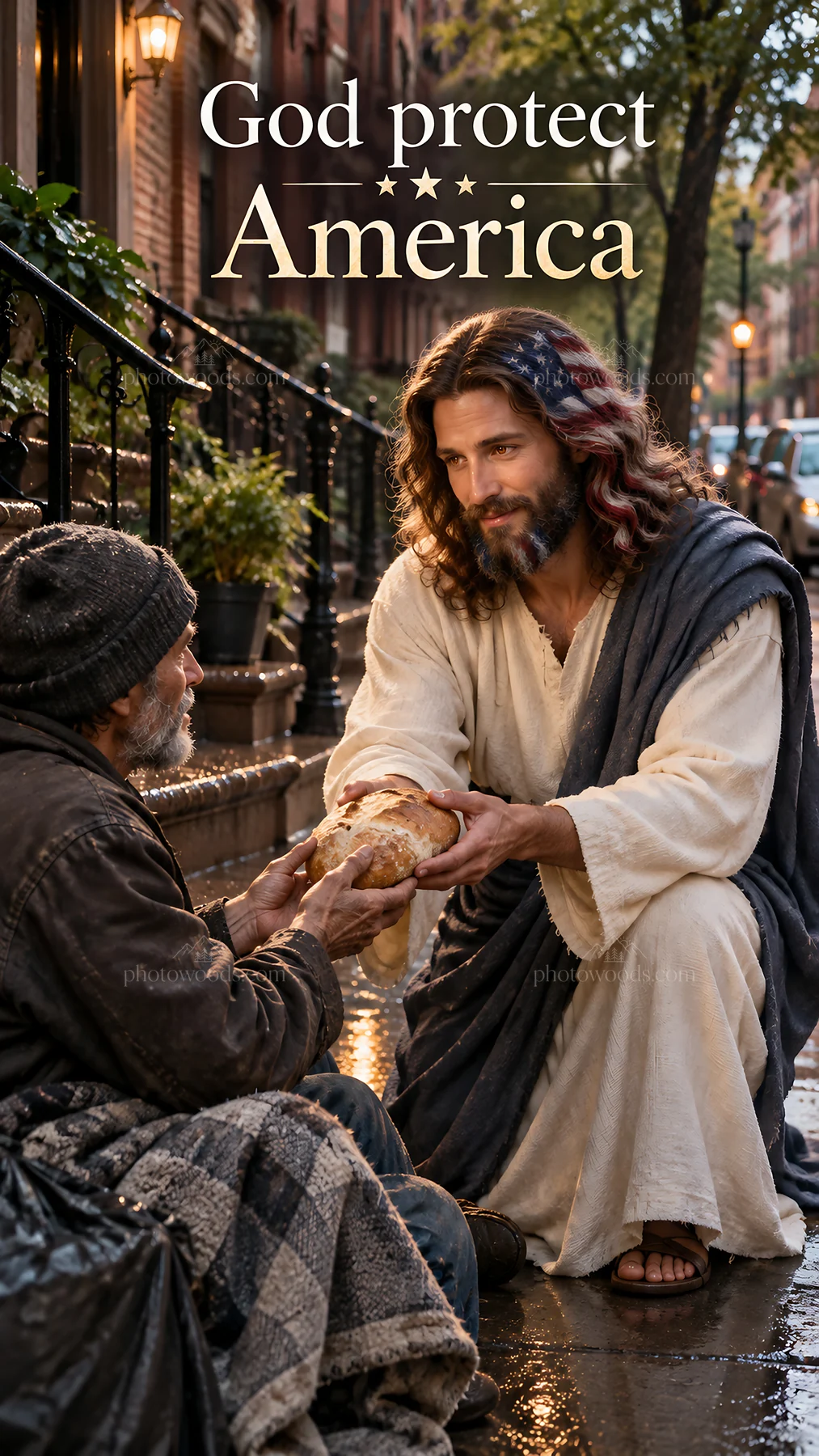 Jesus Christ comforting a suffering man on a city street - AI-generated stock image