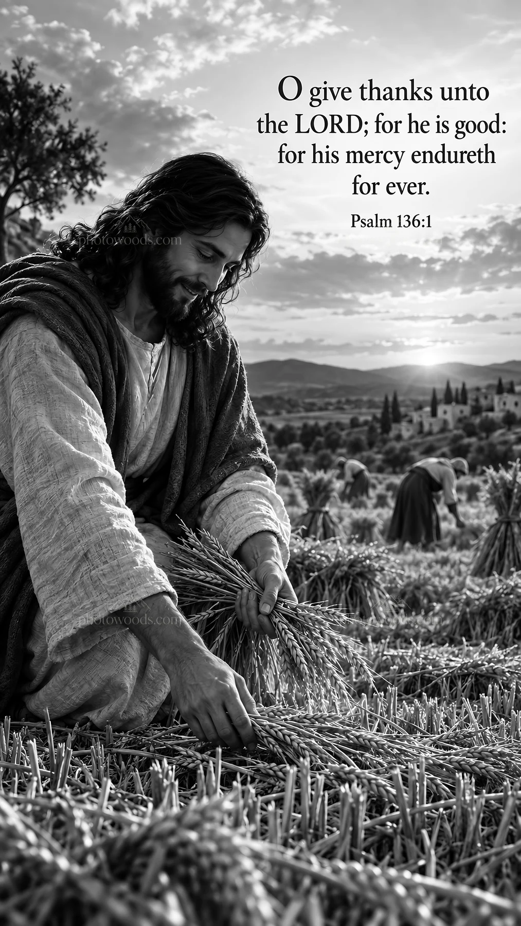 Jesus Christ gathering wheat in a field - AI-generated stock image