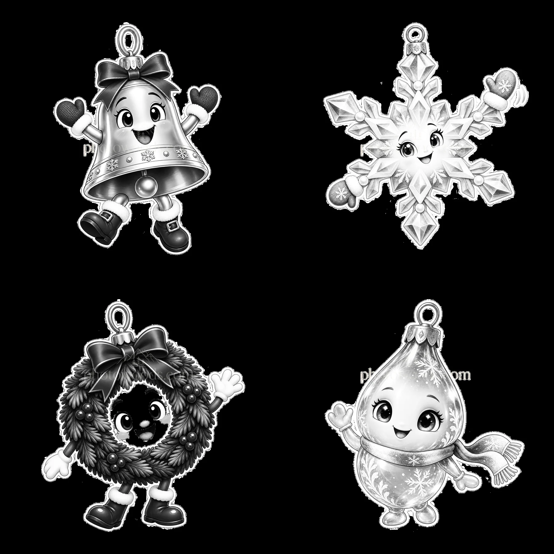 Monochrome four cartoon figure stickers in a square arrangement - AI-generated stock image