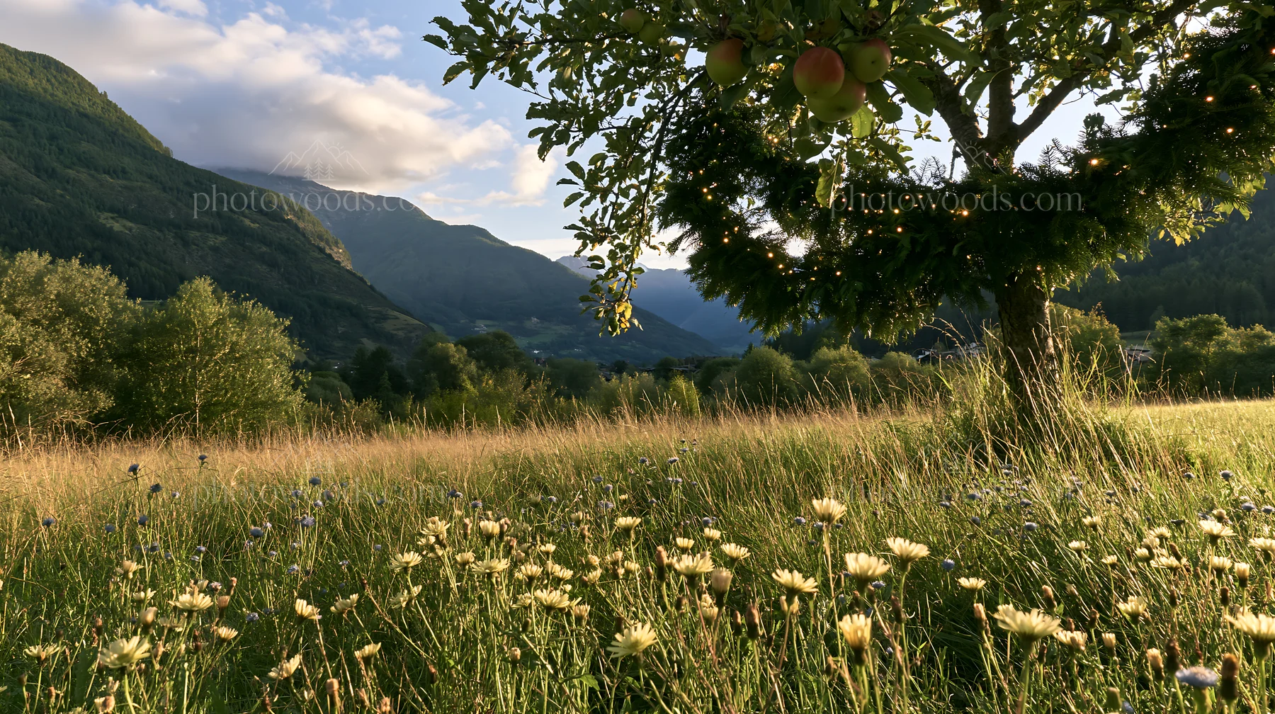 Apple tree meadow in the Dolomites with Christmas garlands - AI-generated stock image