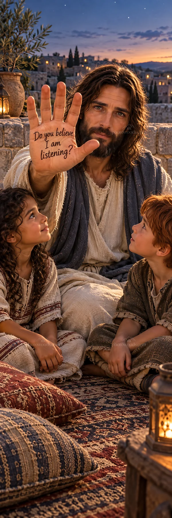 Jesus Christ comforting children with open hands - AI-generated stock image