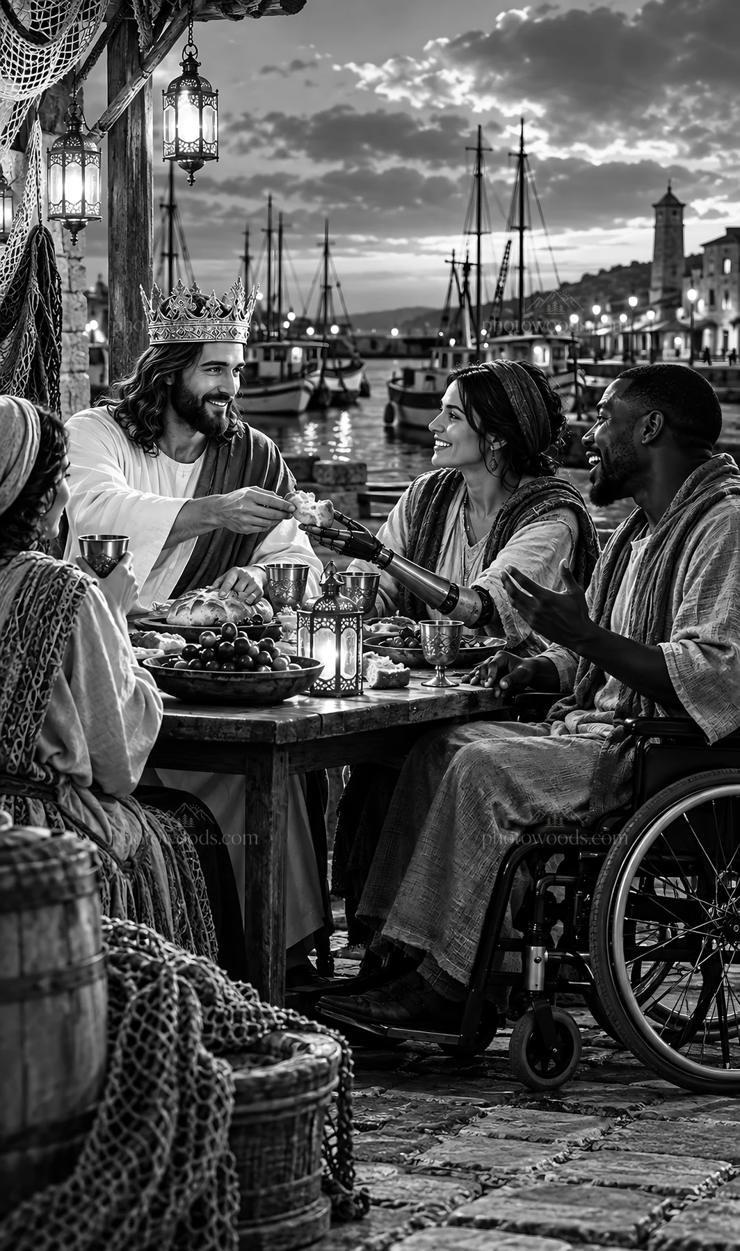 Jesus Christ shares a meal at the dock with friends - AI-generated stock image