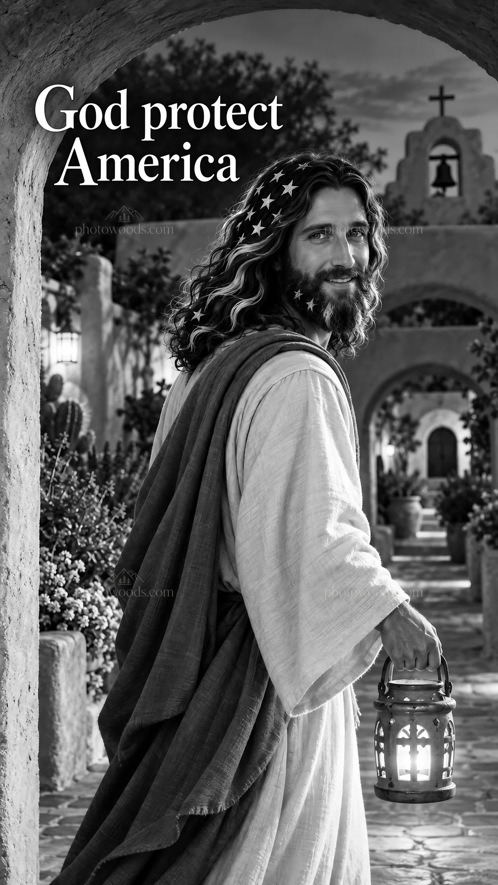Jesus Christ walking in an illuminated garden - AI-generated stock image