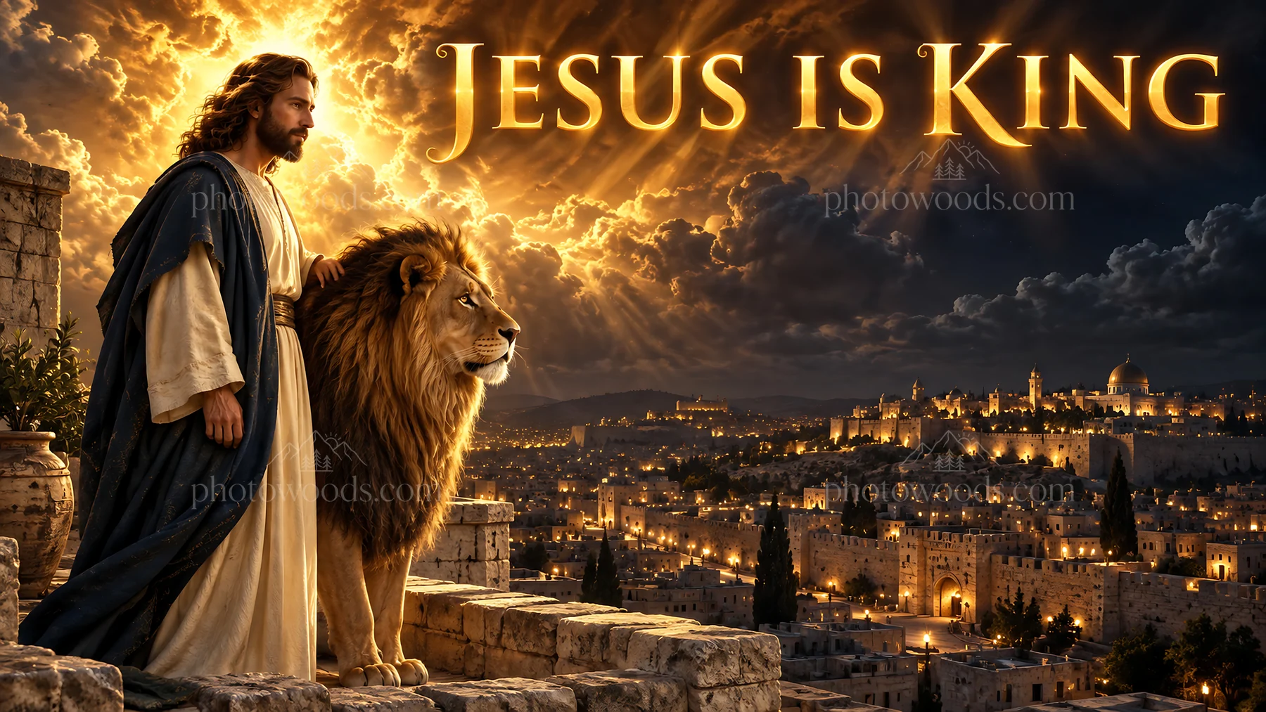 Jesus Christ standing beside a lion overlooking Jerusalem - AI-generated stock image