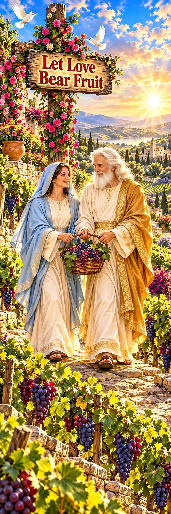 Jesus Christ walking with a woman among grapevines - AI-generated stock image