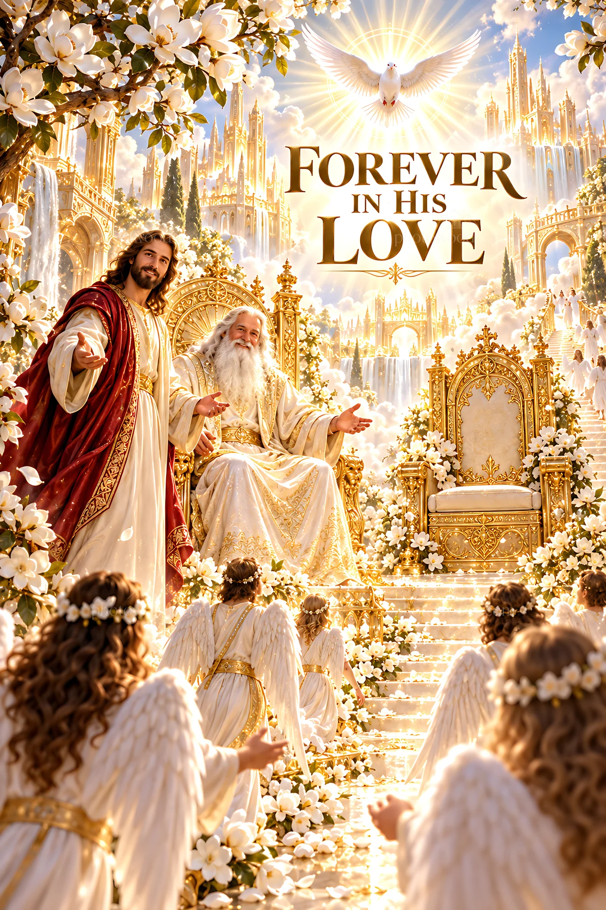 Forever in His Love with angels and figures in a grand setting - AI-generated stock image