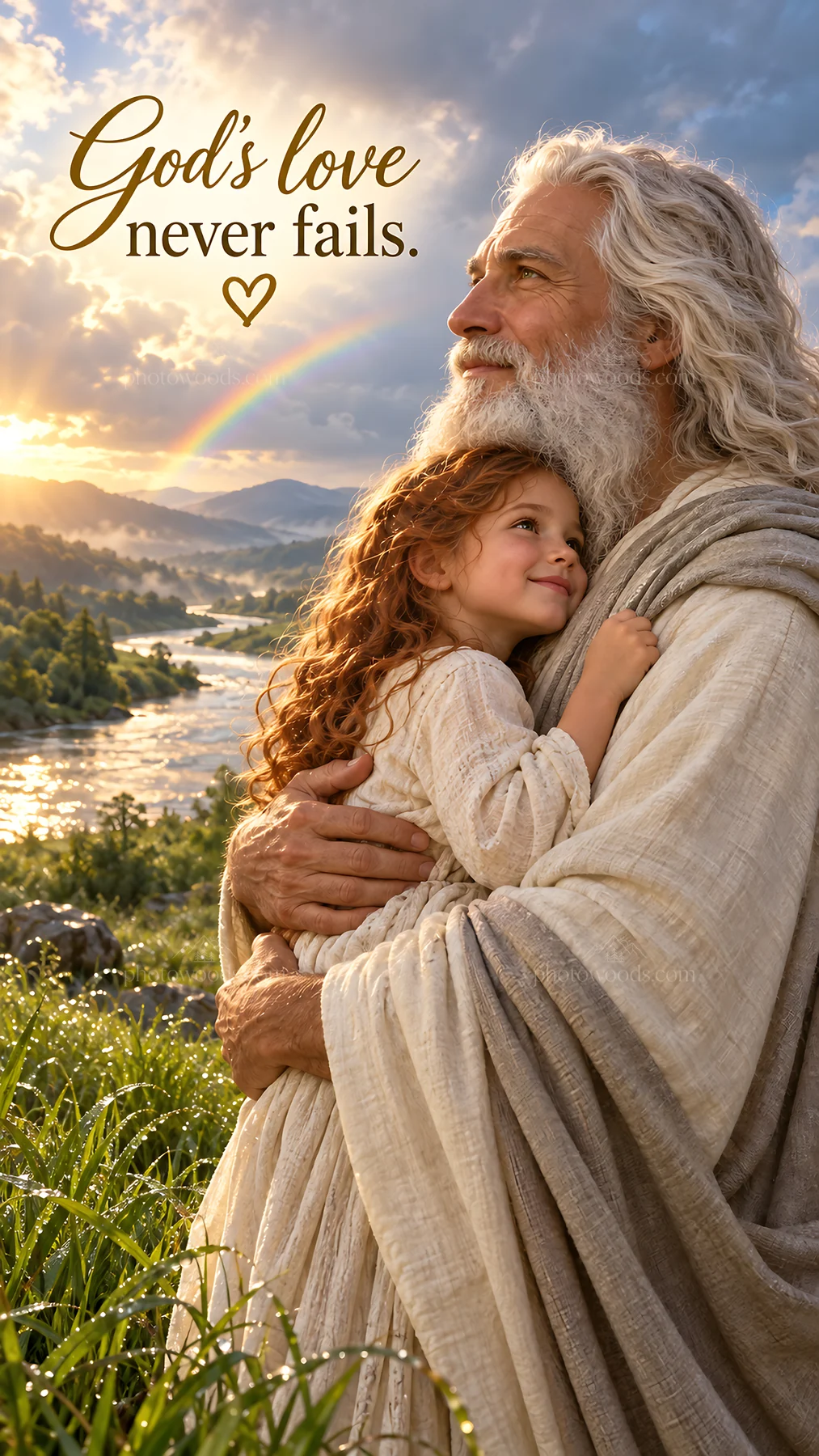Jesus Christ comforting a child in a landscape setting - AI-generated stock image