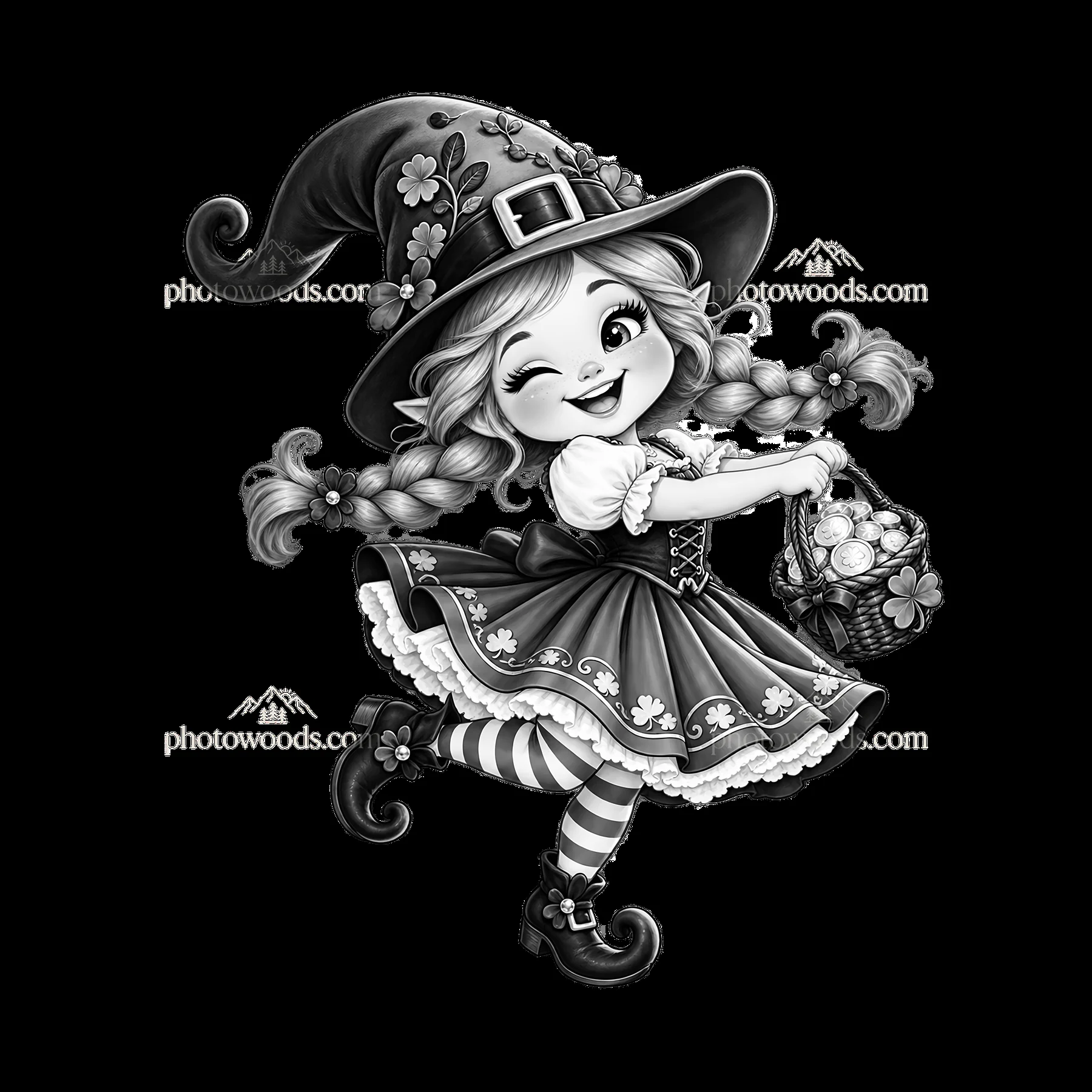 St. Patrick's Day gnome with basket and flowers in black and white - AI-generated stock image