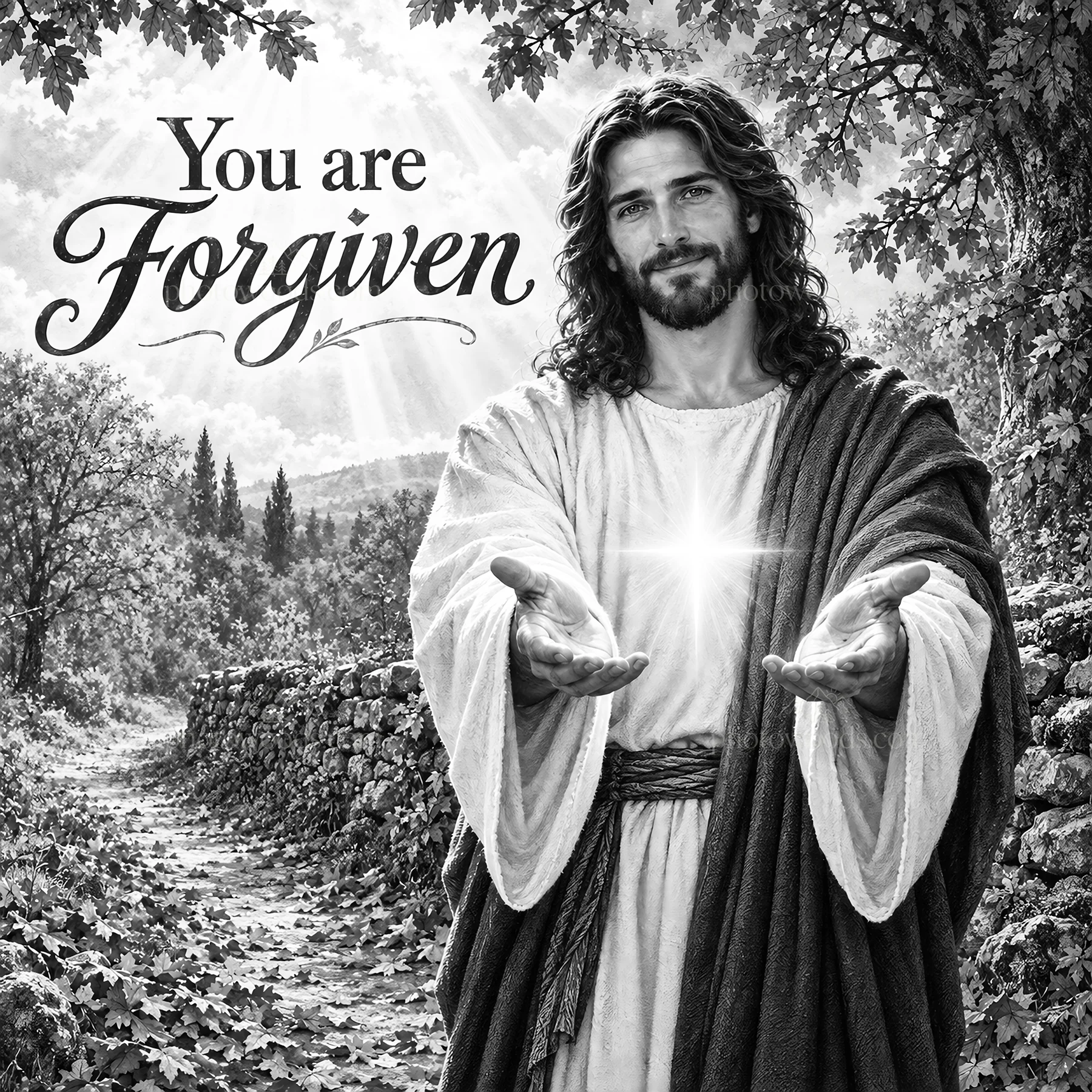 Jesus Christ offering forgiveness with outstretched hands - AI-generated stock image