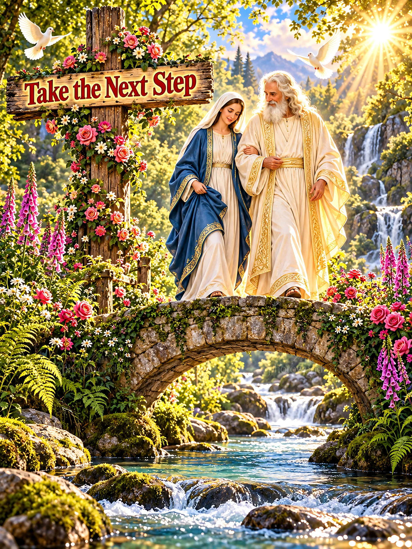 Jesus Christ walking with a woman in a serene landscape - AI-generated stock image
