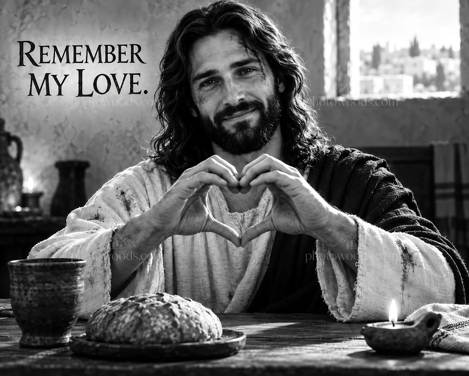 Jesus Christ sharing love at a table with bread and light - AI-generated stock image