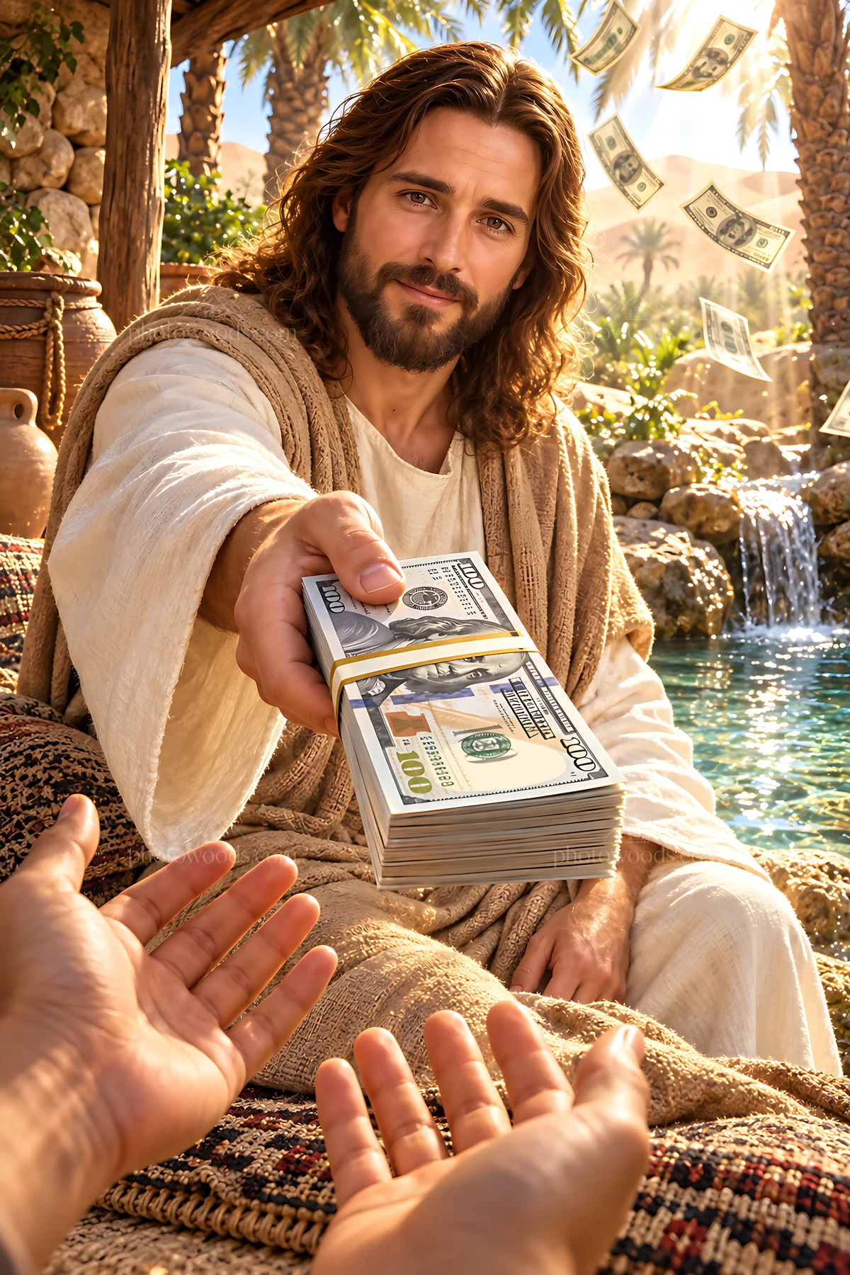 Shelter in the desert with a figure offering money - AI-generated stock image