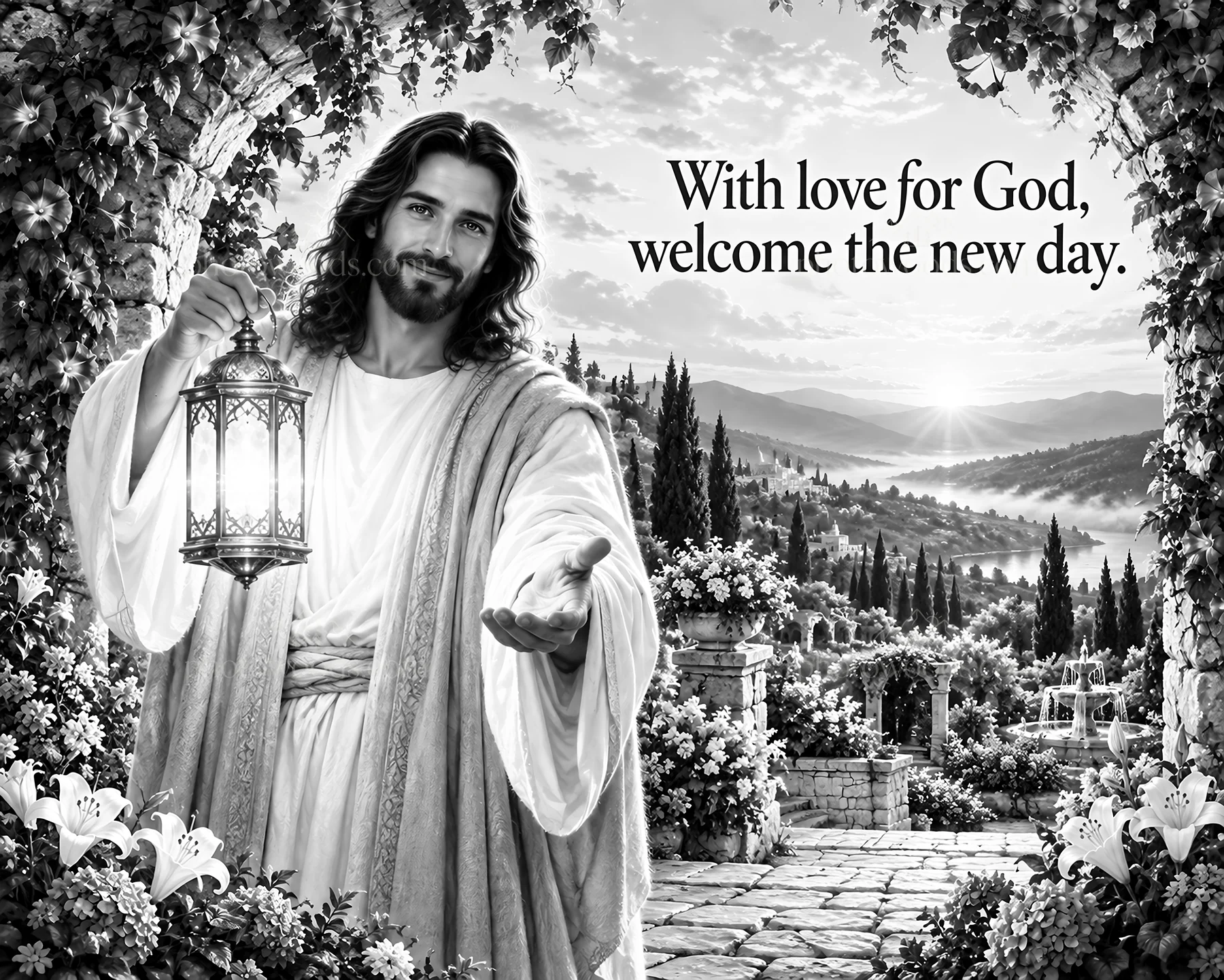 Jesus Christ welcoming a new day with love and light - AI-generated stock image