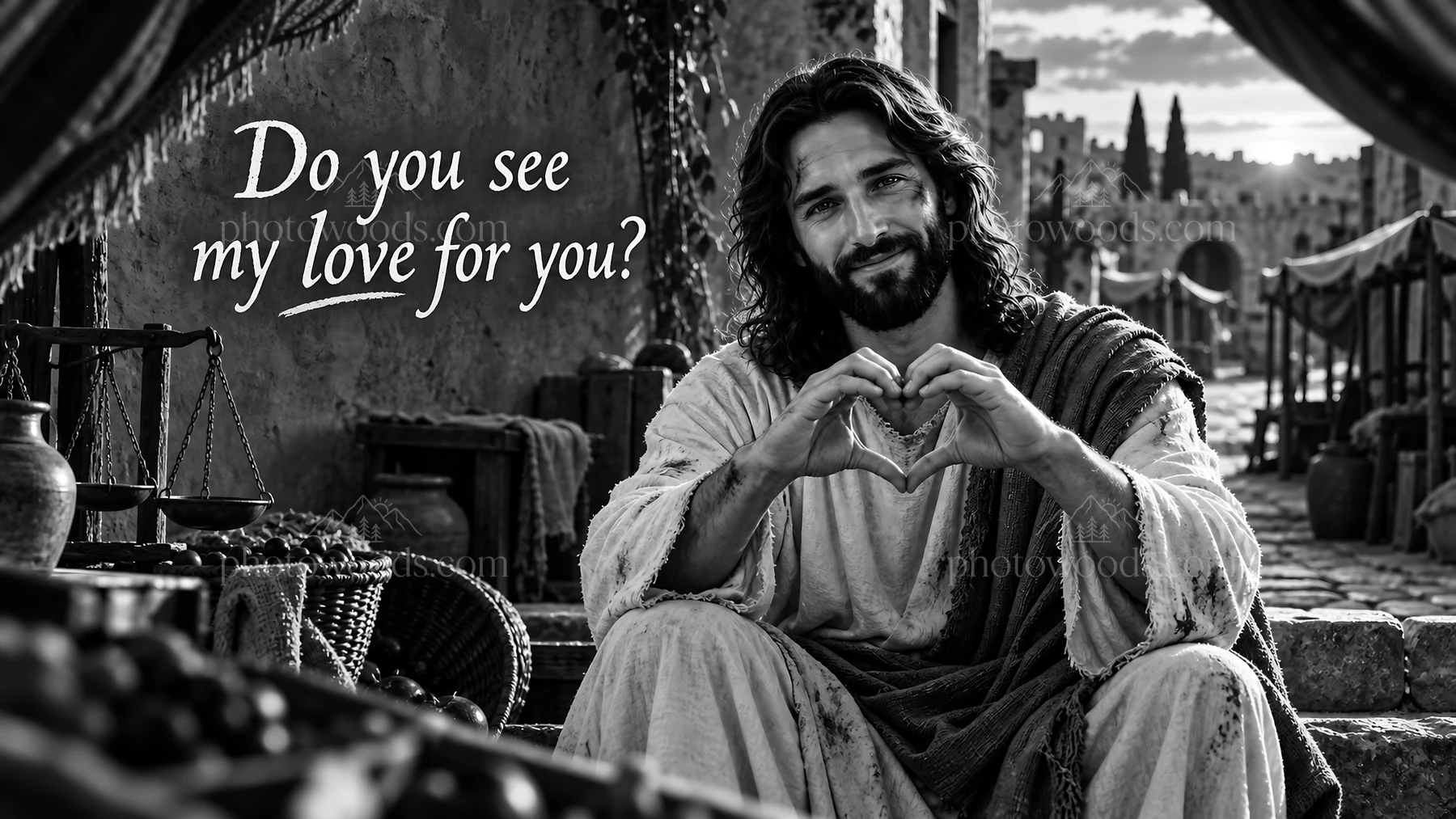 Jesus Christ showing love in a market setting - AI-generated stock image