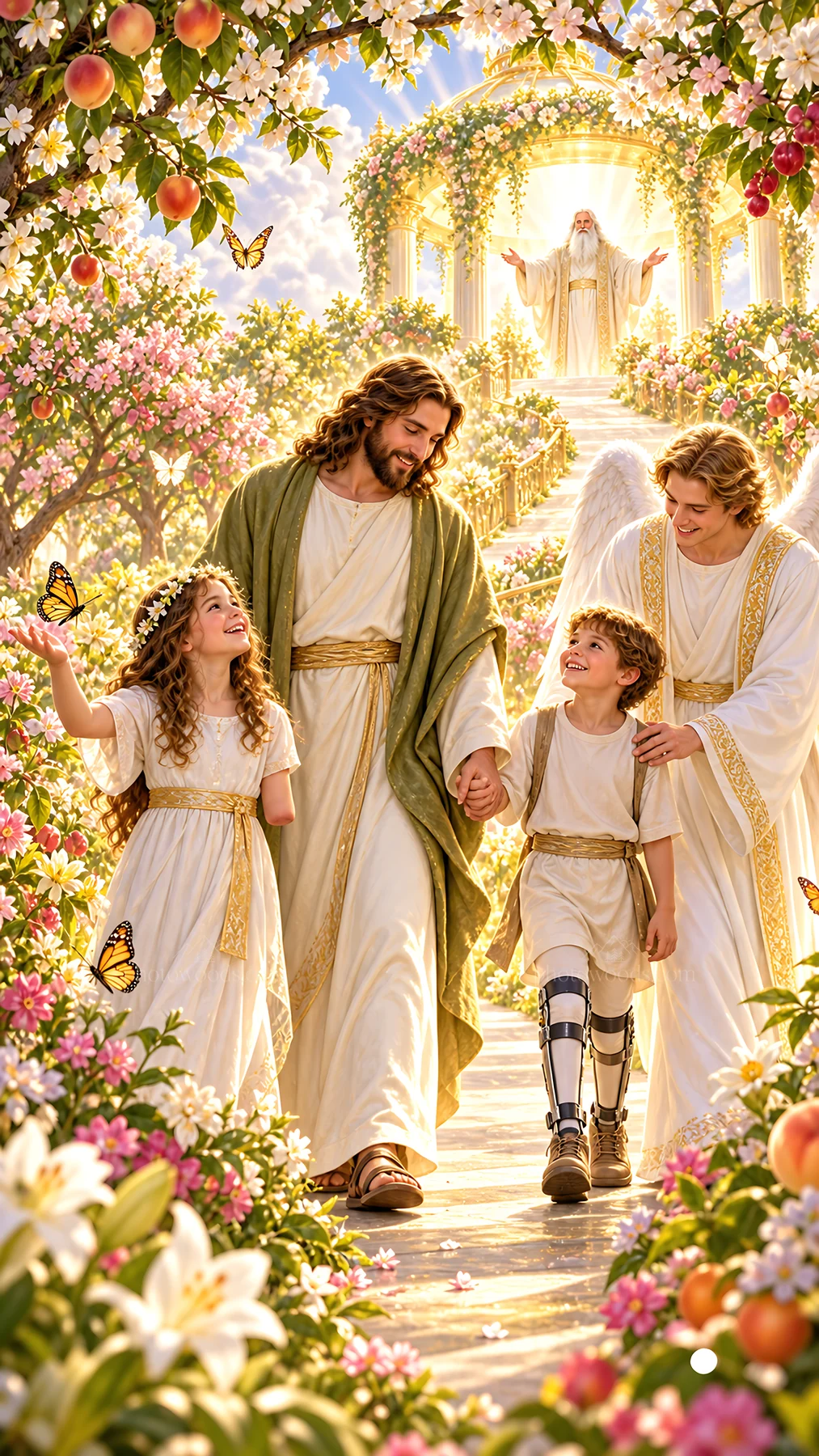 Jesus Christ walking with children in a garden - AI-generated stock image