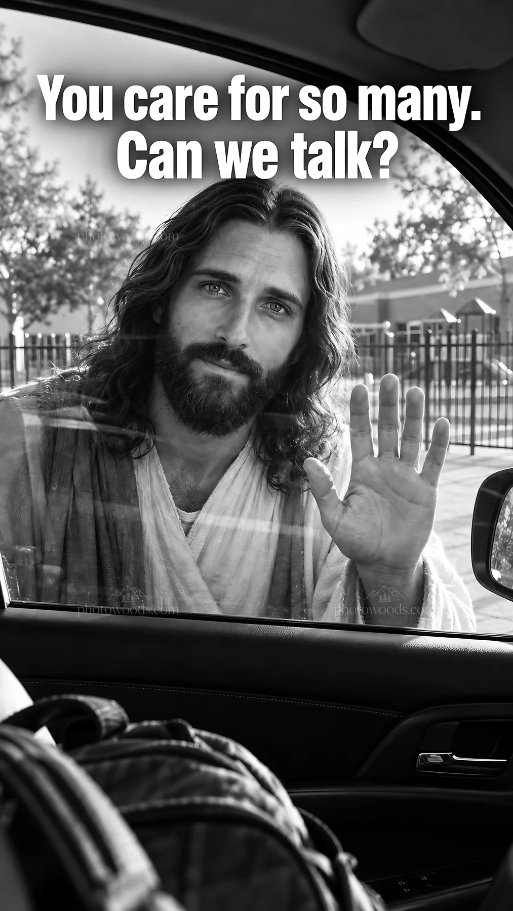 Jesus Christ reaching out to the viewer in a car - AI-generated stock image