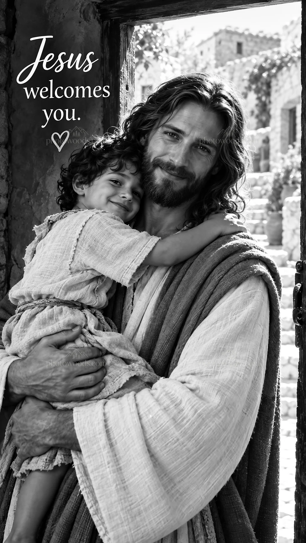 Jesus Christ welcomes a child with love and warmth - AI-generated stock image
