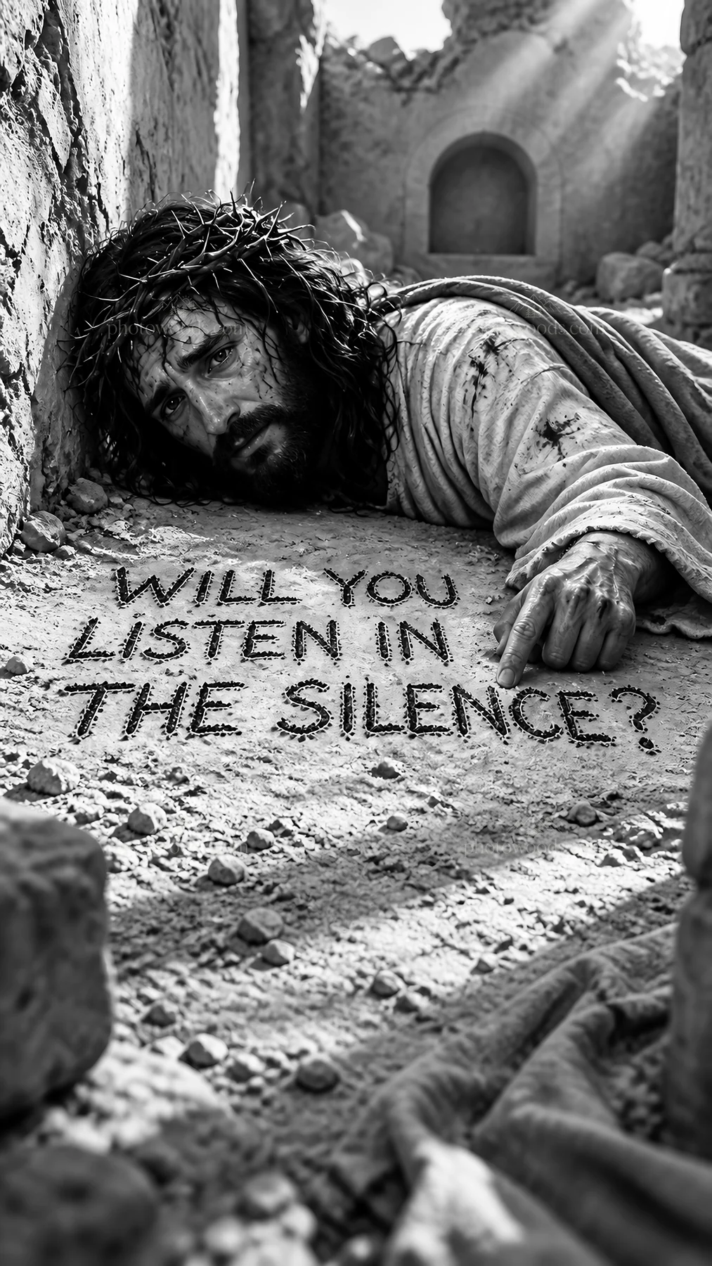 Jesus Christ in anguish asking if you will listen in the silence - AI-generated stock image