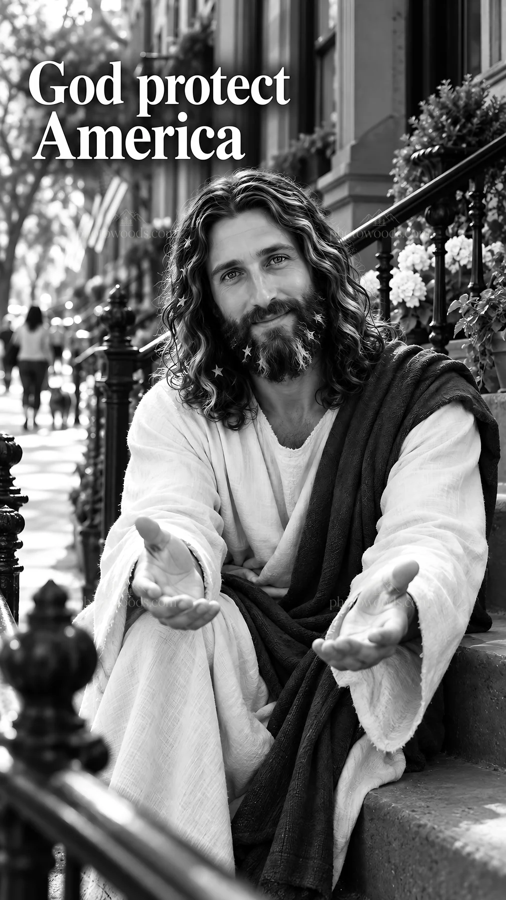 Jesus Christ offering comfort and protection to America - AI-generated stock image