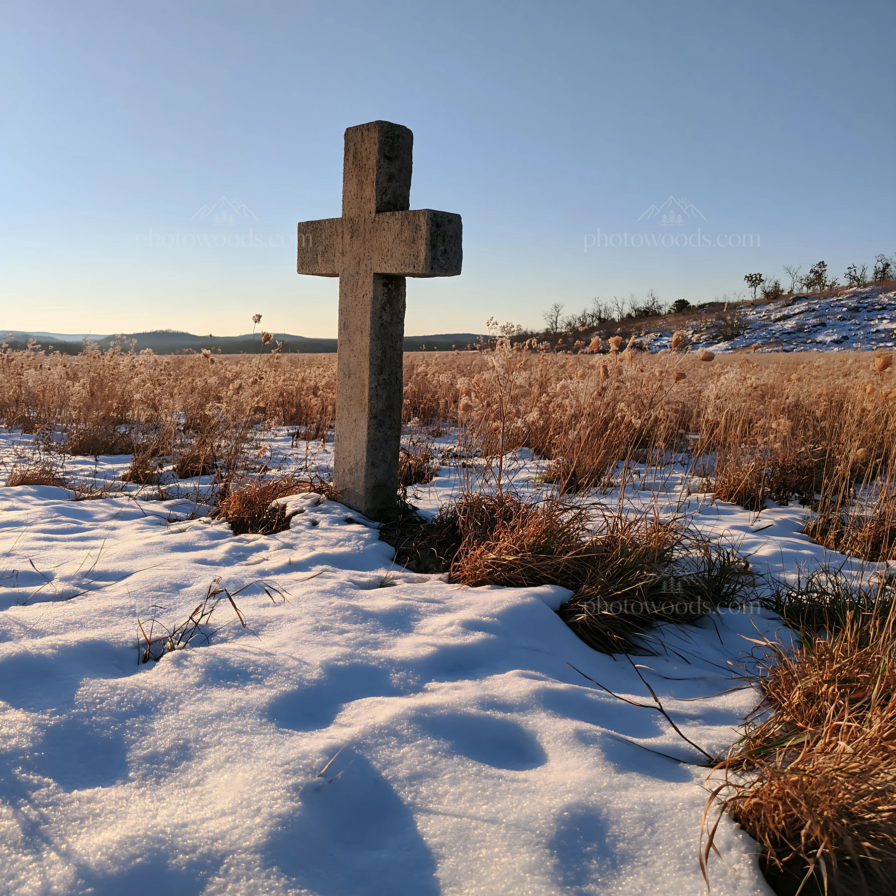 Weathered Christian cross in snowy meadow at sunset - AI-generated stock image