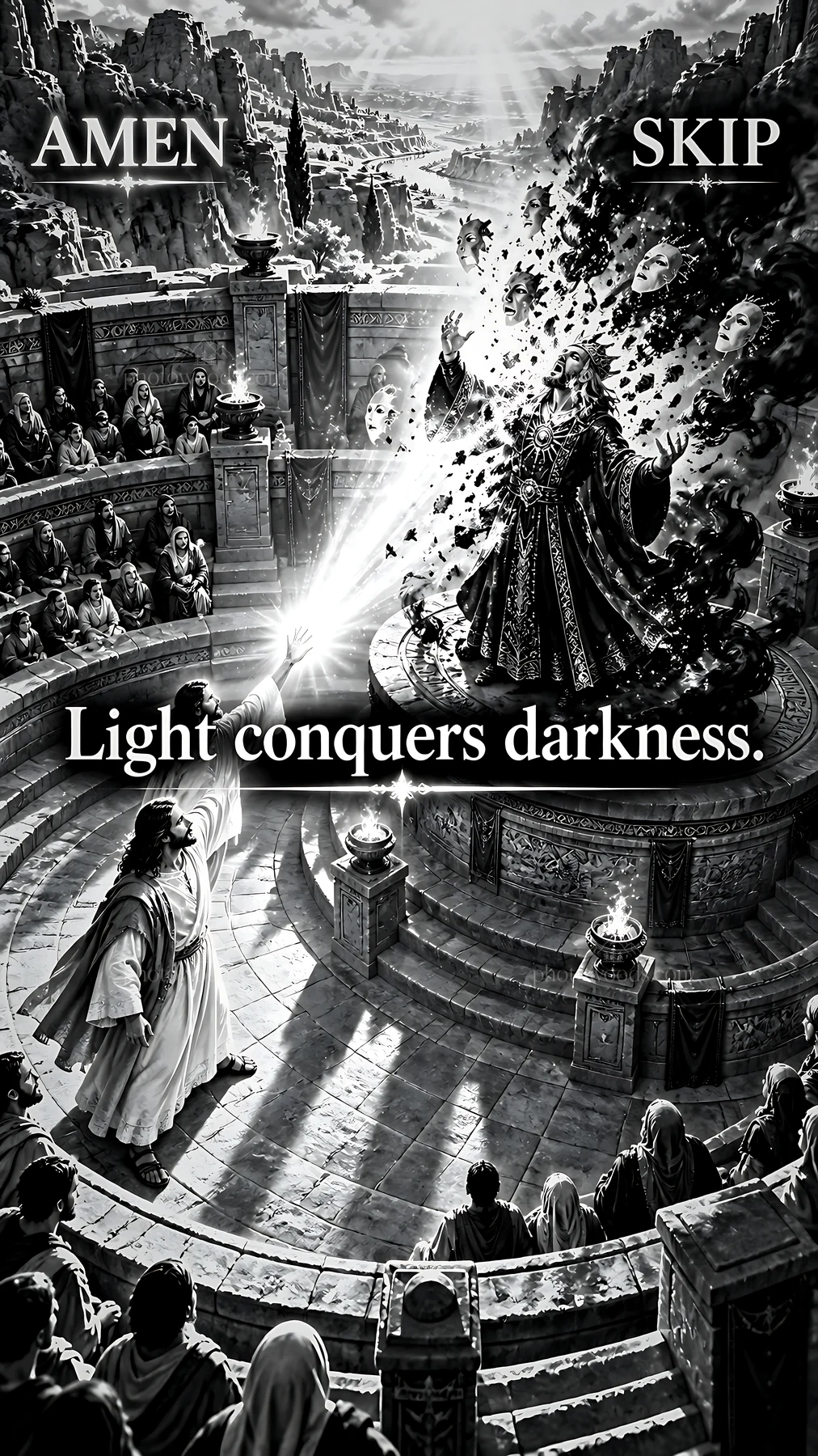 Jesus Christ casts light on darkness in a sacred gathering - AI-generated stock image