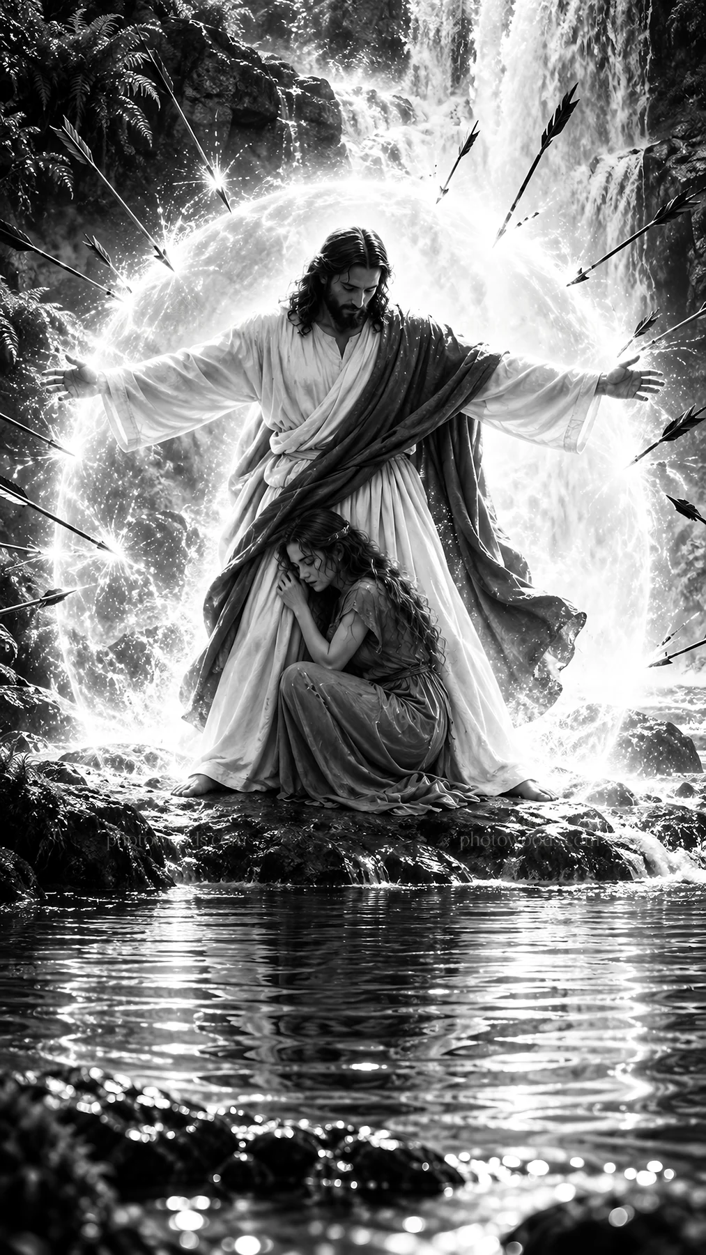 Jesus Christ offers comfort to a suffering figure by a waterfall - AI-generated stock image