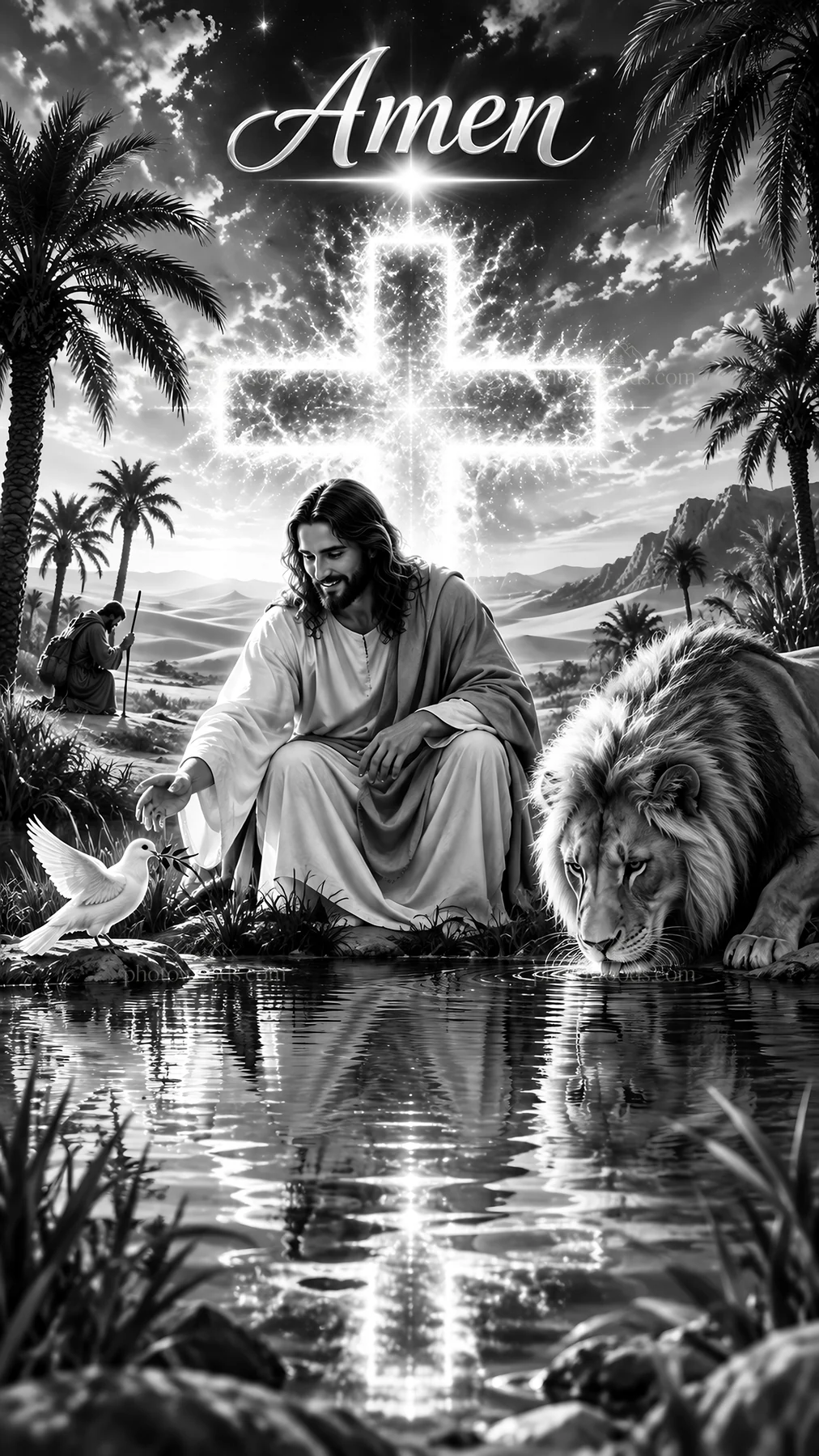 Jesus Christ interacting with a dove and lion by a water source - AI-generated stock image