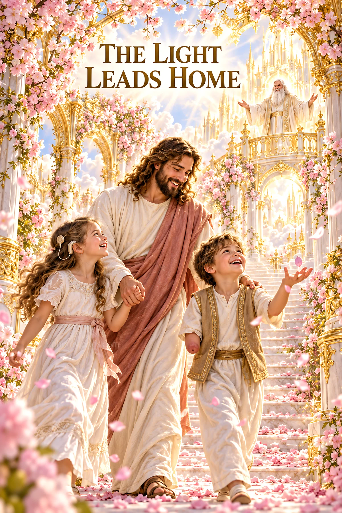 Jesus Christ with children in a heavenly garden scene - AI-generated stock image