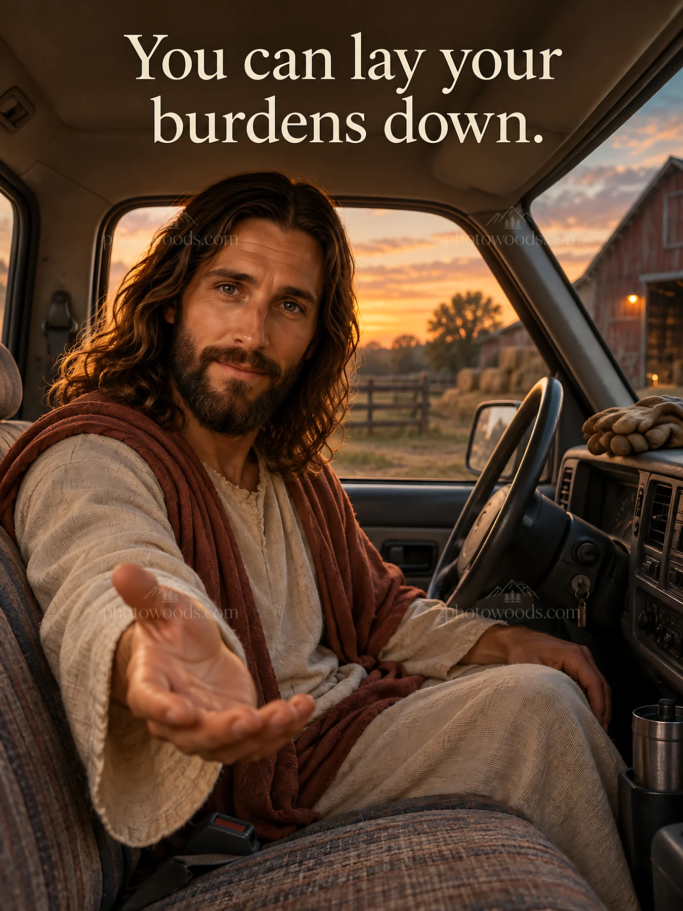 Jesus Christ inviting to lay down burdens in a contemporary setting - AI-generated stock image