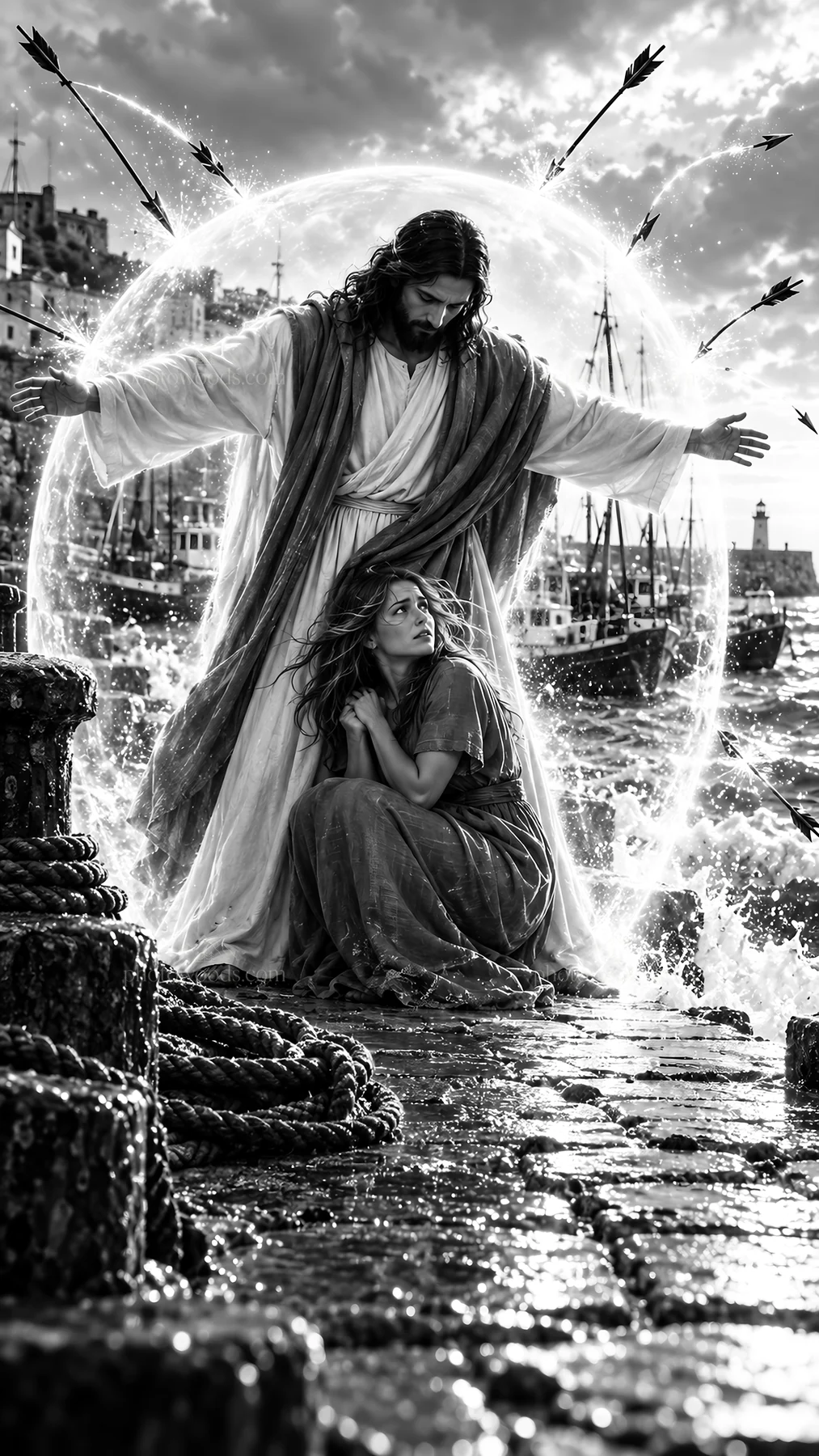 Jesus Christ protects woman from danger on a stormy shore - AI-generated stock image